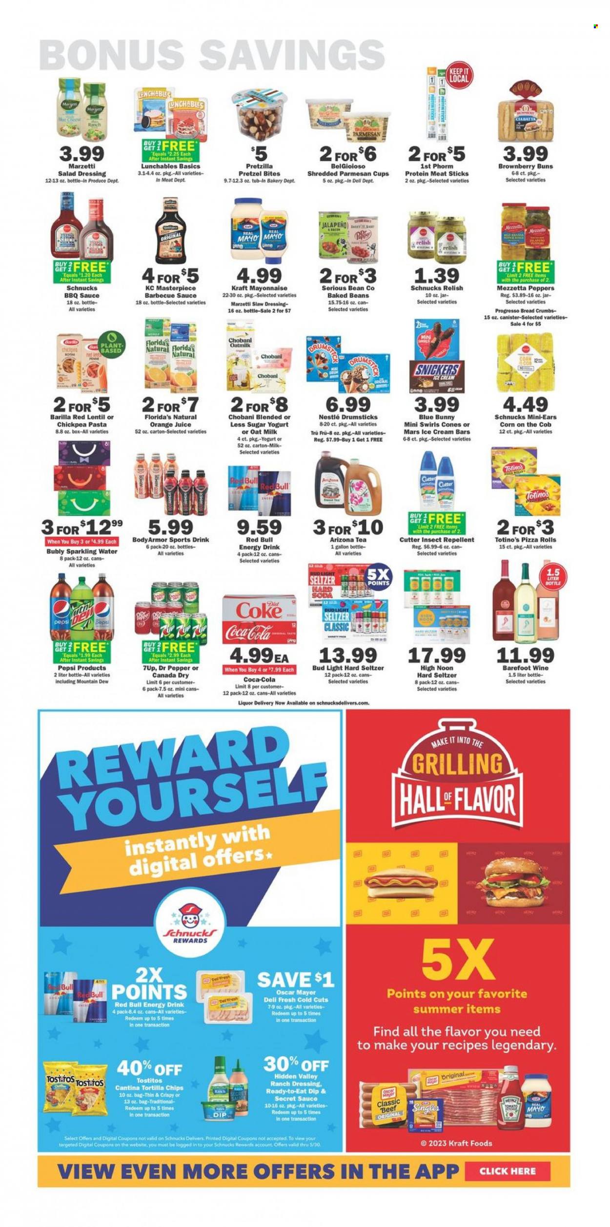 thumbnail - Schnucks Flyer - 05/24/2023 - 05/31/2023 - Sales products - ciabatta, pretzels, pizza rolls, buns, breadcrumbs, beans, corn, peppers, jalapeño, pasta, sauce, Barilla, Progresso, Lunchables, Kraft®, bacon, Oscar Mayer, parmesan, Chobani, oat milk, mayonnaise, ranch dressing, ice cream, ice cream bars, Blue Bunny, ice cones, Nestlé, Snickers, Mars, Florida's Natural, tortilla chips, chips, Tostitos, baked beans, penne, BBQ sauce, salad dressing, dressing, Canada Dry, Coca-Cola, Mountain Dew, Pepsi, orange juice, juice, Body Armor, energy drink, Dr. Pepper, soft drink, 7UP, Red Bull, AriZona, Coke, soda, sparkling water, water, tea, alcohol, Hard Seltzer, beer, Bud Light. Page 5.