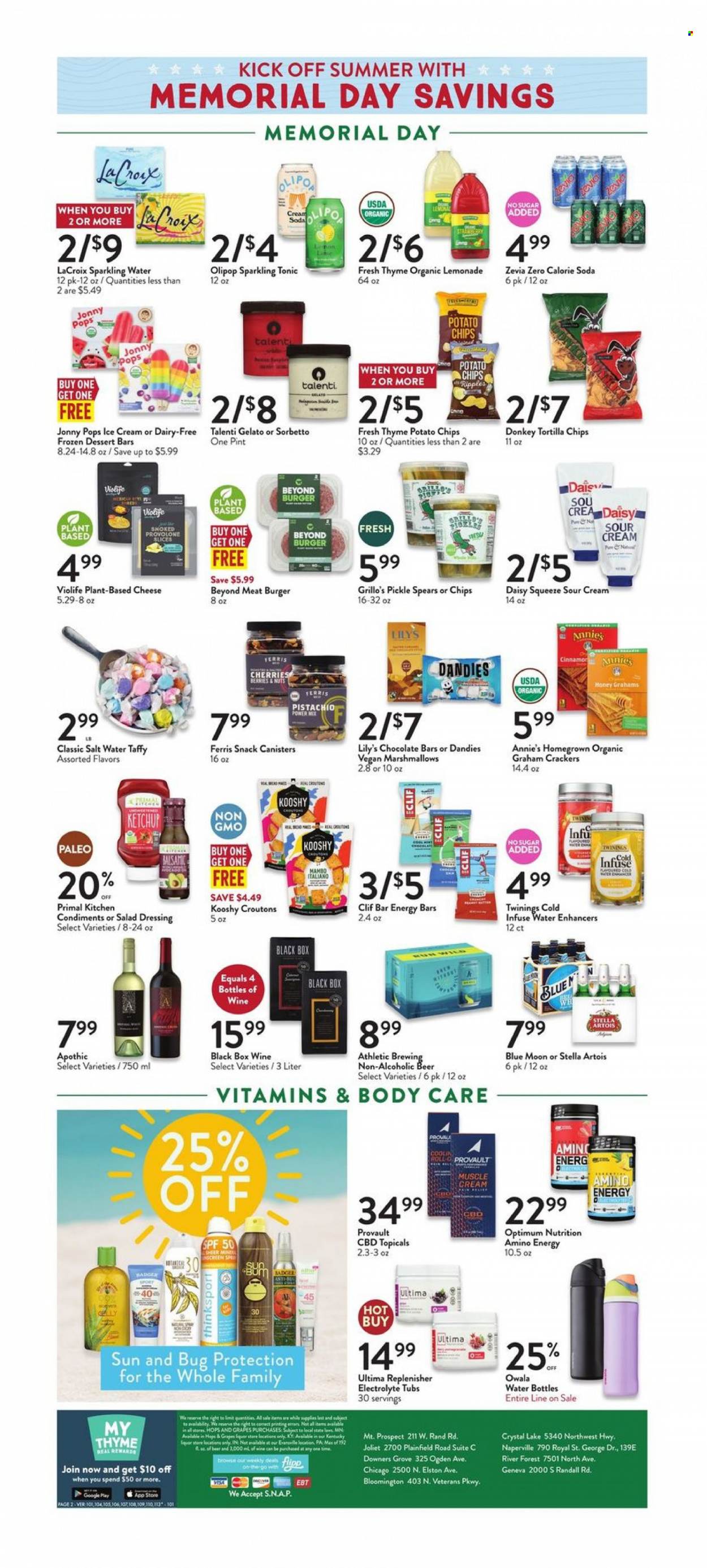 thumbnail - Fresh Thyme Flyer - 05/24/2023 - 05/30/2023 - Sales products - dessert, grapes, cherries, hamburger, Annie's, Provolone, sour cream, ice cream, Talenti Gelato, gelato, graham crackers, marshmallows, snack, crackers, chocolate bar, tortilla chips, potato chips, croutons, energy bar, salad dressing, ketchup, dressing, honey, tonic, sparkling water, water, Twinings, wine, alcohol, beer, Stella Artois, non-alcoholic beer, Blue Moon. Page 2.