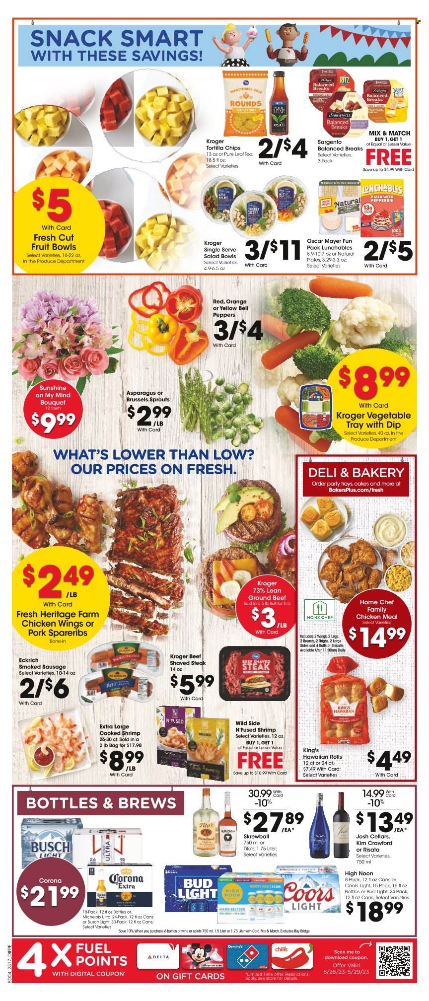 thumbnail - Baker's Flyer - 05/24/2023 - 05/30/2023 - Sales products - cake, hawaiian rolls, asparagus, beans, bell peppers, peppers, brussel sprouts, red peppers, fruit cup, shrimps, pizza, Lunchables, Oscar Mayer, sausage, smoked sausage, Sargento, Sunshine, dip, chicken wings, snack, tortilla chips, chips, ice tea, Pure Leaf, wine, alcohol, Kim Crawford, Hard Seltzer, beer, Busch, Bud Light, Corona Extra, chicken, beef meat, ground beef, steak, pork spare ribs, plate, salad bowl, bouquet, Coors, Michelob. Page 5.