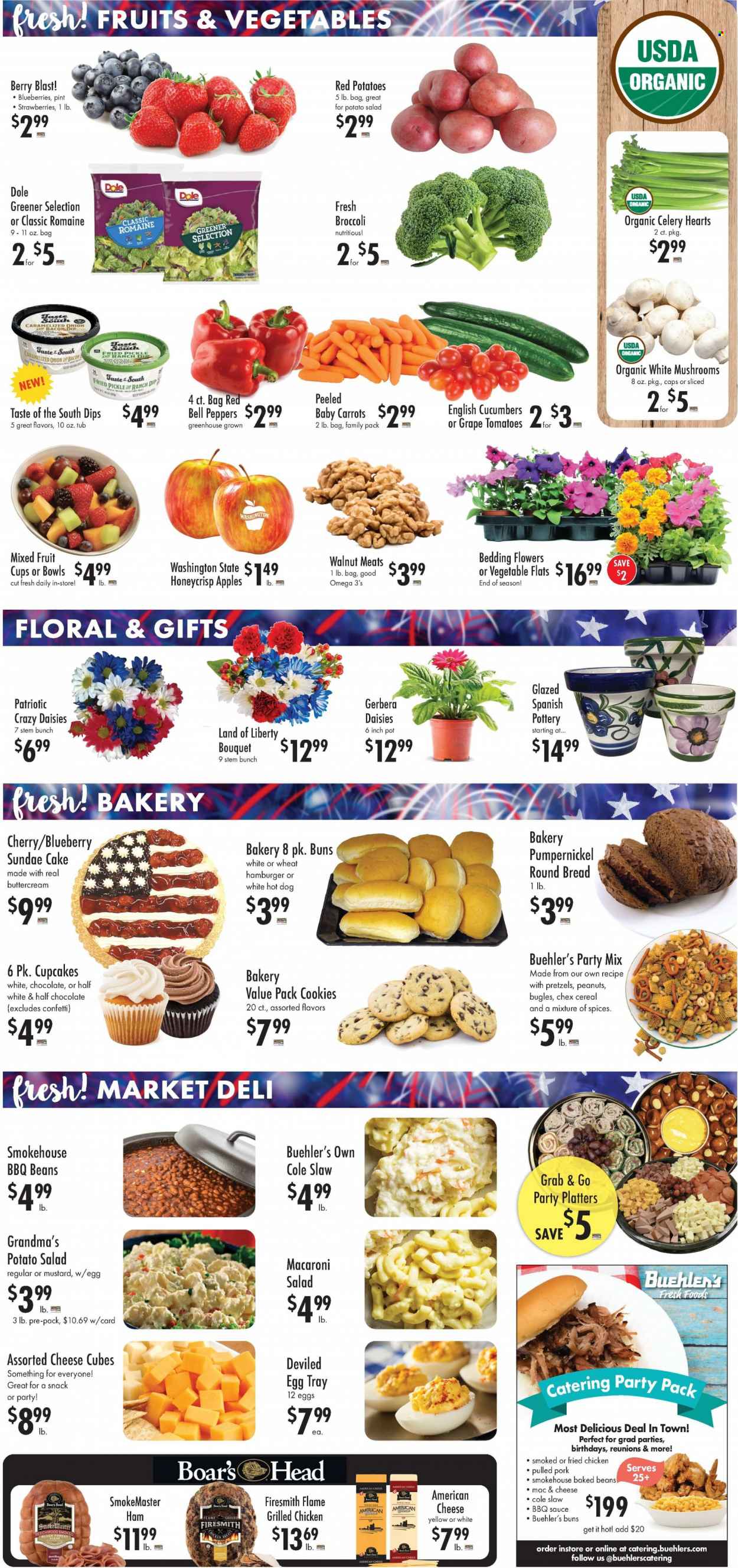 thumbnail - Buehler's Flyer - 05/24/2023 - 05/30/2023 - Sales products - mushrooms, bread, pretzels, cake, buns, cupcake, broccoli, carrots, potatoes, onion, Dole, red potatoes, sleeved celery, blueberries, strawberries, cherries, fruit cup, hot dog, hamburger, sauce, fried chicken, pulled pork, Boar's Head, bacon, ham, potato salad, macaroni salad, american cheese, eggs, cookies, chocolate, snack, baked beans, cereals, BBQ sauce, mustard, peanuts, tray, pot, platters, bedding, bouquet, gerbera, flowers. Page 3.