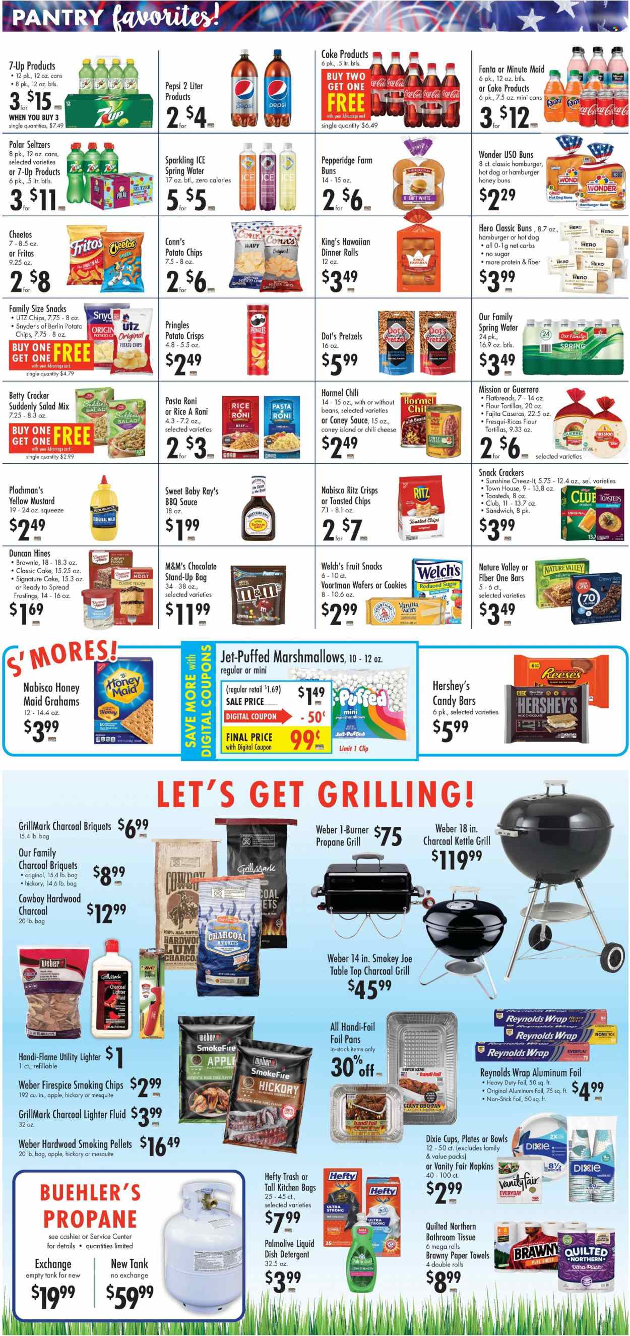 thumbnail - Buehler's Flyer - 05/24/2023 - 05/30/2023 - Sales products - tortillas, pretzels, cake, dinner rolls, buns, burger buns, flour tortillas, puffs, brownies, sweet rolls, onion, salad, Welch's, sandwich, pasta, sauce, fajita, Hormel, Sunshine, Reese's, Hershey's, cookies, fudge, marshmallows, milk chocolate, wafers, chocolate, M&M's, cereal bar, crackers, peanut butter cups, fruit snack, RITZ, candy bar, Nabisco, Fritos, potato crisps, potato chips, Pringles, Cheetos, chips, Cheez-It, Honey Maid, Nature Valley, Fiber One, rice, BBQ sauce, mustard, Coca-Cola, Pepsi, Fanta, Diet Pepsi, soft drink, 7UP, fruit punch, Coke, seltzer water, spring water, flavored water, water, chicken, napkins, bath tissue, Quilted Northern, kitchen towels, paper towels, detergent, dishwasher cleaner, Jet, Palmolive, BIC, Hefty, plate, pan, aluminium foil, tank, grill, Weber, briquettes. Page 5.
