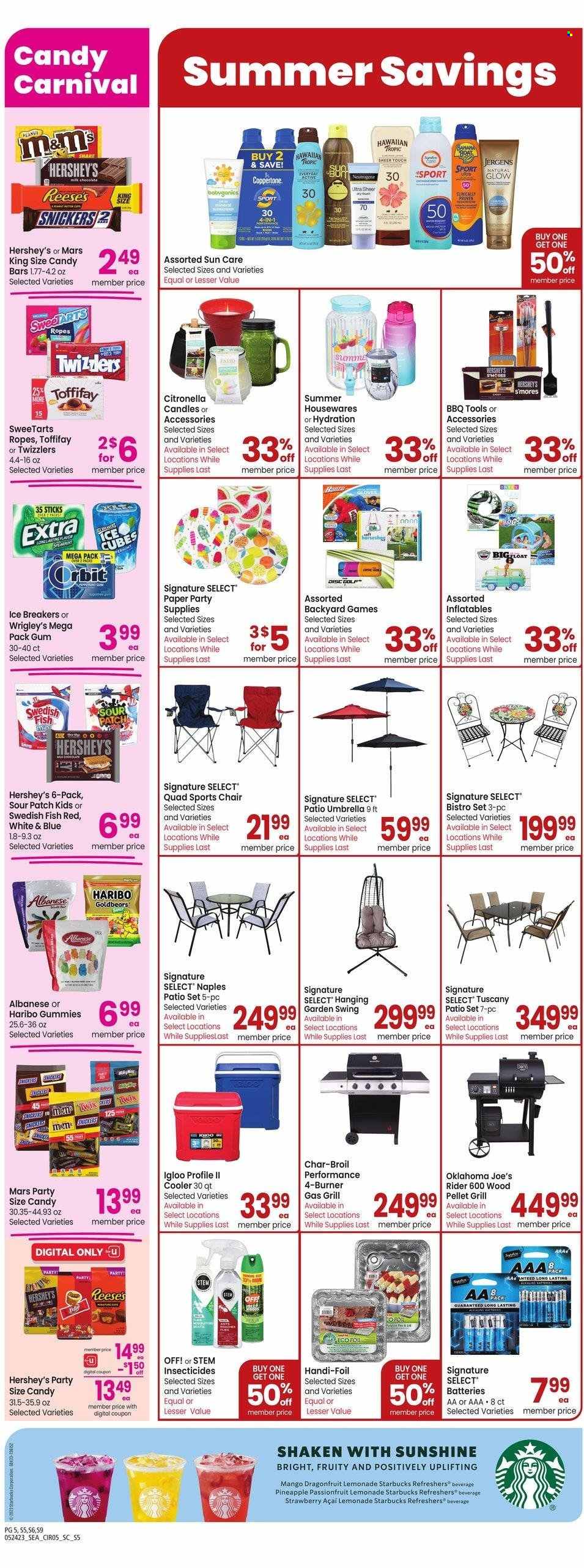 thumbnail - Safeway Flyer - 05/24/2023 - 05/30/2023 - Sales products - mango, pineapple, Sunshine, Reese's, Hershey's, ice cubes, milk chocolate, chocolate, Orbit, Haribo, Milky Way, Snickers, Twix, Mars, M&M's, Sour Patch, candy bar, Wrigley's, peanut butter, lemonade, water, Starbucks, Neutrogena, sun care, Jergens, Hawaiian Tropic, gloves, sticker, paper, candle, party supplies, battery, boat, Intex, gas grill, grill, pellet grill. Page 5.