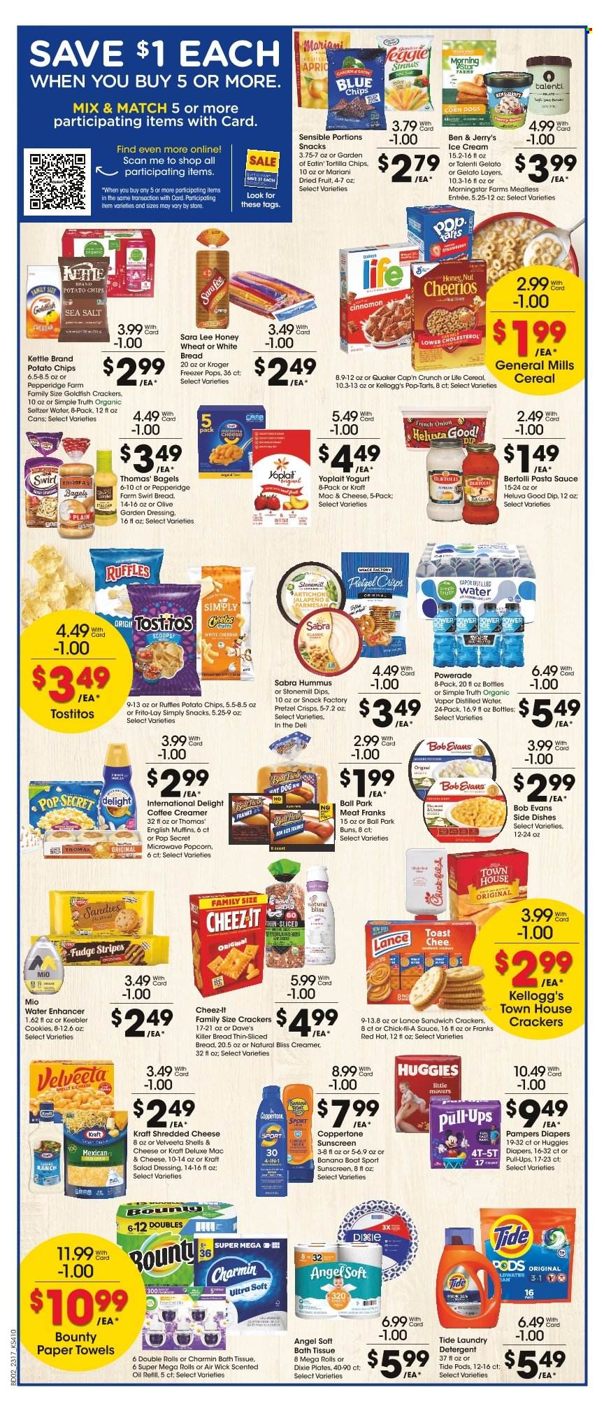 thumbnail - City Market Flyer - 05/24/2023 - 05/30/2023 - Sales products - bagels, english muffins, white bread, buns, Sara Lee, artichoke, onion, jalapeño, pasta sauce, Quaker, MorningStar Farms, Kraft®, Bob Evans, Bertolli, frankfurters, hummus, shredded cheese, parmesan, Yoplait, creamer, dip, ice cream, Ben & Jerry's, Talenti Gelato, gelato, cookies, fudge, Bounty, crackers, Kellogg's, Pop-Tarts, Keebler, tortilla chips, potato chips, chips, popcorn, Goldfish, Frito-Lay, Cheez-It, Ruffles, Tostitos, pretzel crisps, salty snack, cereals, Cheerios, Cap'n Crunch, cinnamon, salad dressing, dressing, syrup, dried fruit, Powerade, energy drink, seltzer water, Huggies, Pampers, nappies, bath tissue, kitchen towels, paper towels, Charmin, detergent, Tide, laundry detergent, Dixie, plate, Air Wick, scented oil, tank, boat, distilled water. Page 3.