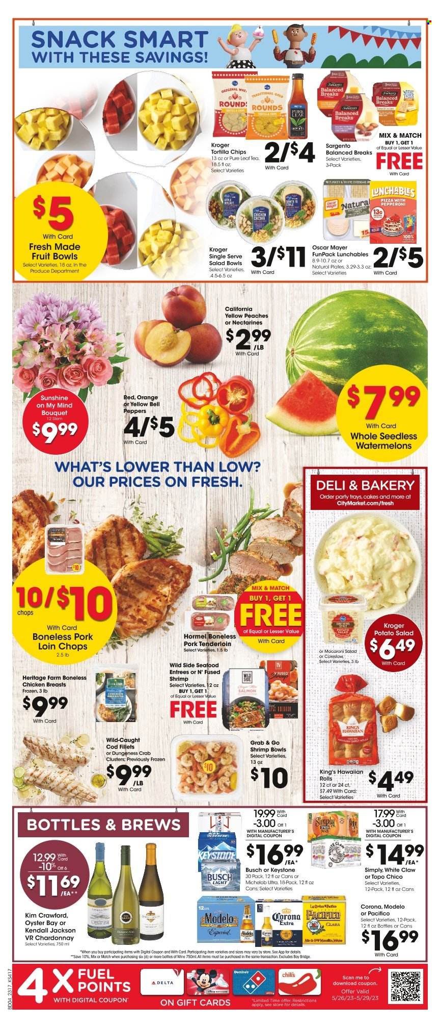 thumbnail - City Market Flyer - 05/24/2023 - 05/30/2023 - Sales products - bread, cake, hawaiian rolls, bell peppers, peppers, red peppers, watermelon, fruit cup, peaches, cod, oysters, seafood, crab, shrimps, crab clusters, coleslaw, Lunchables, Hormel, Oscar Mayer, pepperoni, potato salad, macaroni salad, cheese, Sargento, Sunshine, snack, tortilla chips, ice tea, sparkling water, Pure Leaf, white wine, Chardonnay, wine, alcohol, Kim Crawford, White Claw, beer, Busch, Corona Extra, Keystone, Modelo, Topo Chico, chicken breasts, chicken, turkey, pork chops, pork loin, pork meat, pork tenderloin, plate, salad bowl, bouquet, nectarines, Michelob. Page 5.