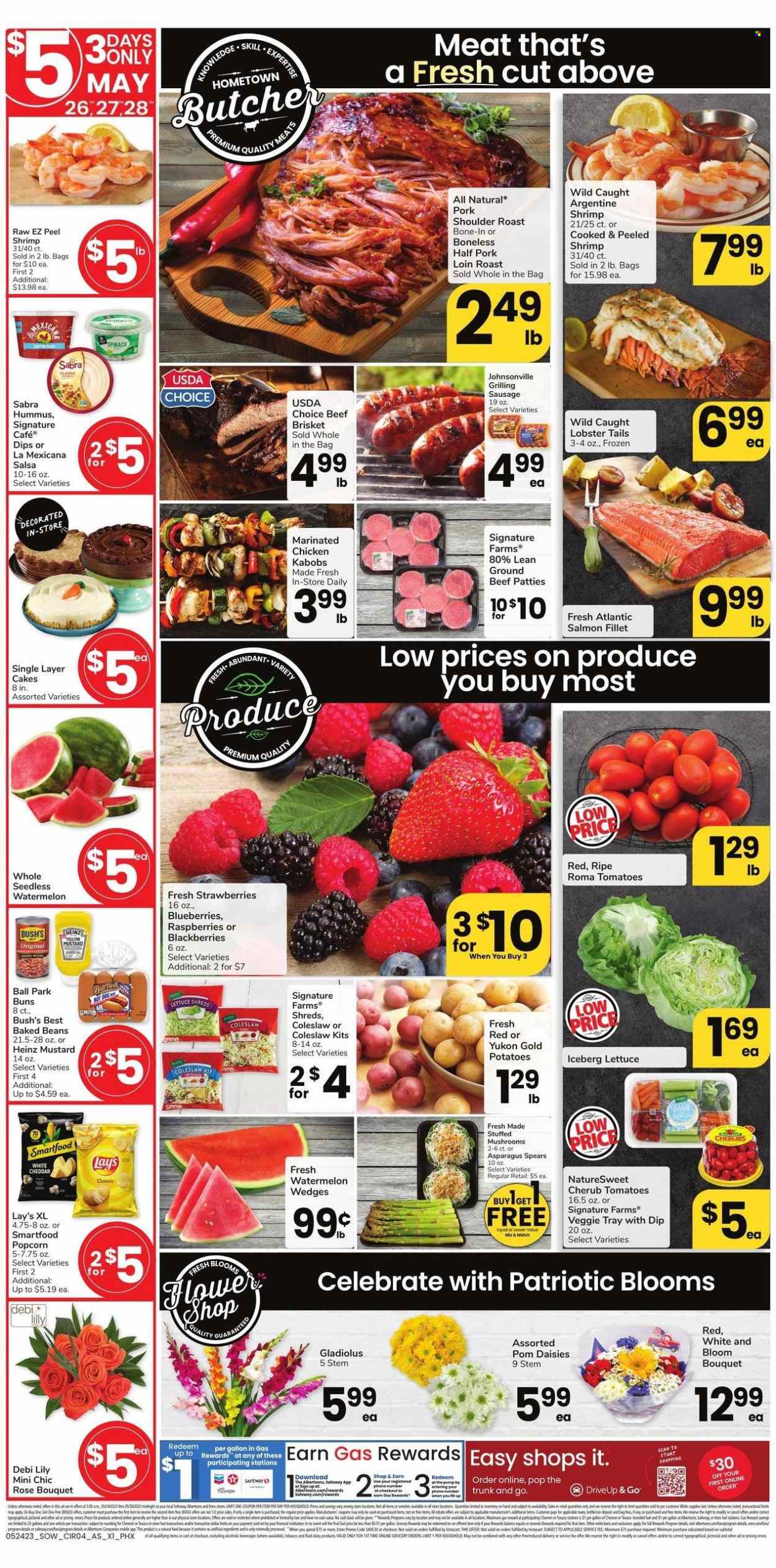 thumbnail - Safeway Flyer - 05/24/2023 - 05/30/2023 - Sales products - cake, buns, tomatoes, potatoes, apples, blackberries, watermelon, marinated chicken, chicken, beef meat, ground beef, beef brisket, brisket, roast, Johnsonville, pork loin, pork meat, pork roast, pork shoulder, lobster, salmon, salmon fillet, lobster tail, coleslaw, hot dog, ready meal, cheddar, cheese, Lay’s, Smartfood, popcorn, Heinz, baked beans, mustard, salsa, vehicle, bouquet, rose, lily, cart. Page 3.