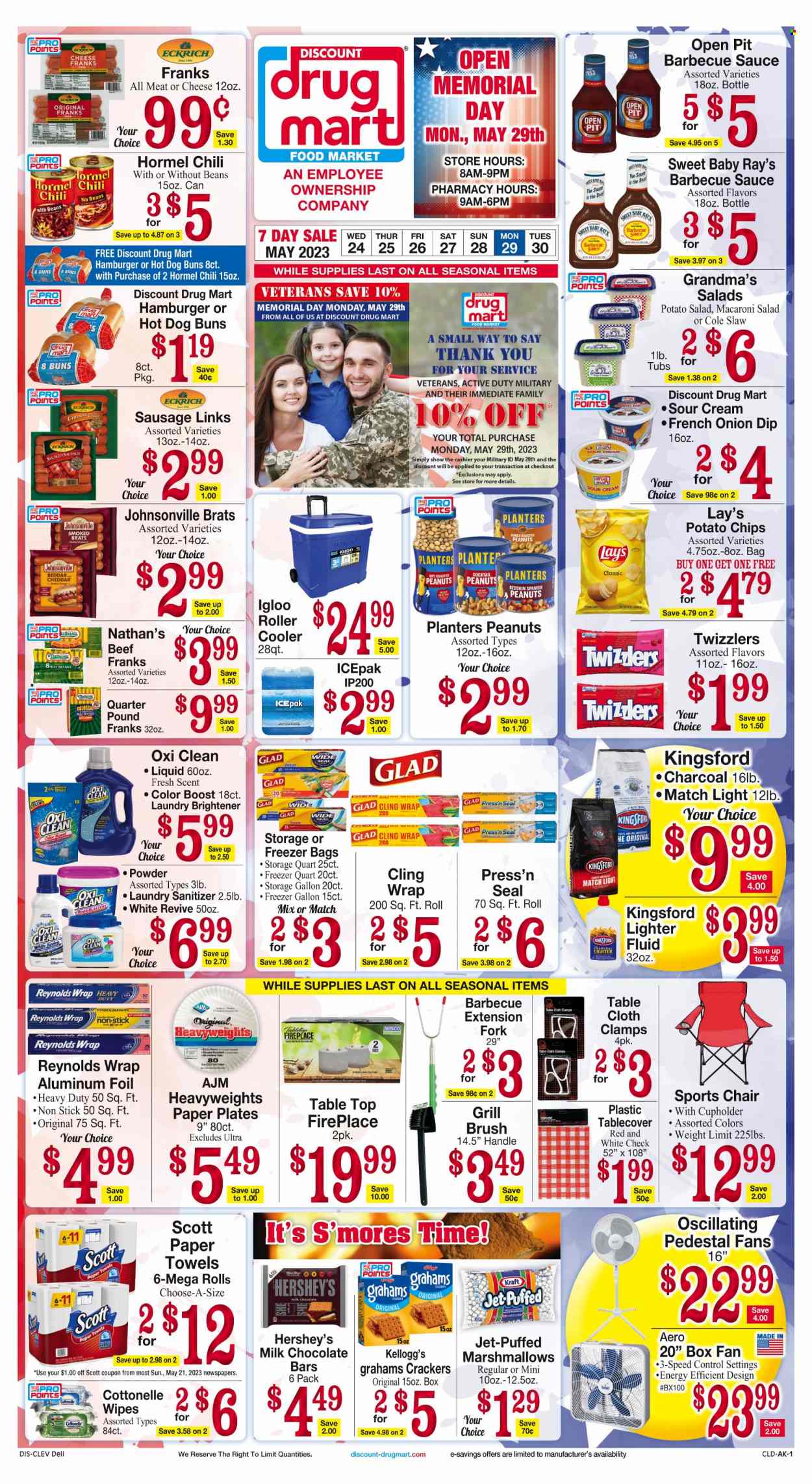 thumbnail - Discount Drug Mart Flyer - 05/24/2023 - 05/30/2023 - Sales products - buns, cherries, Kraft®, Hormel, Kingsford, Johnsonville, sausage, smoked sausage, frankfurters, potato salad, macaroni salad, cheese, sour cream, dip, Hershey's, marshmallows, milk chocolate, crackers, Kellogg's, potato chips, chips, Lay’s, BBQ sauce, roasted peanuts, peanuts, Planters, Boost, wipes, Cottonelle, Scott, kitchen towels, paper towels, laundry detergent, Jet, brush, fork, plate, aluminium foil, freezer bag, paper plate, tablecloth. Page 1.