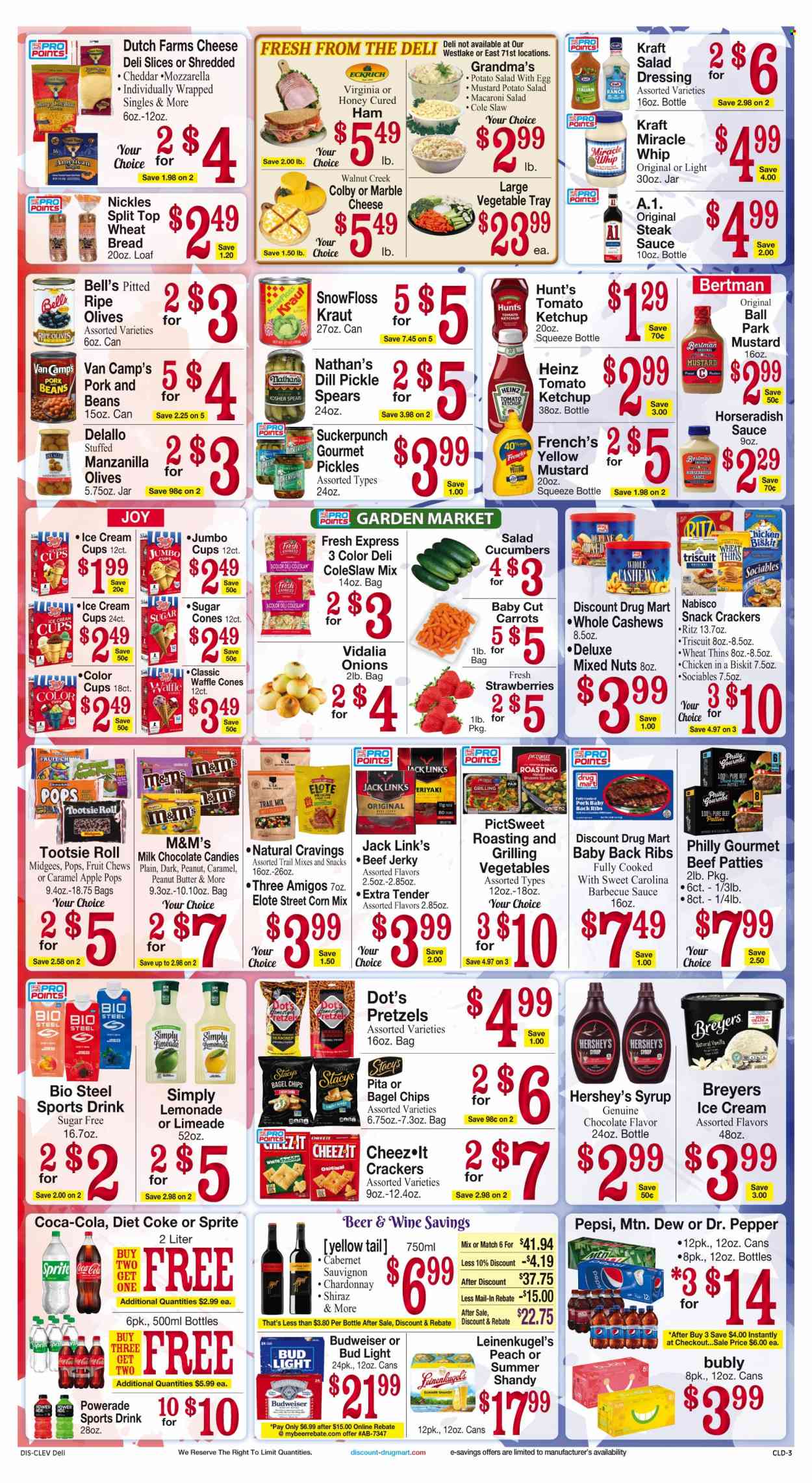 thumbnail - Discount Drug Mart Flyer - 05/24/2023 - 05/30/2023 - Sales products - bagels, wheat bread, pretzels, beans, carrots, cucumber, garlic, horseradish, onion, salad, brussel sprouts, coleslaw, sauce, Kraft®, beef jerky, ham, jerky, potato salad, macaroni salad, Colby cheese, mozzarella, cheese, Provolone, Miracle Whip, ice cream, Hershey's, milk chocolate, M&M's, crackers, chewing gum, chocolate candies, RITZ, Nabisco, dill pickle, chips, Thins, Cheez-It, Jack Link's, Heinz, pickles, olives, dill, BBQ sauce, mustard, ketchup, dressing, peanut butter, syrup, cashews, mixed nuts, trail mix, Coca-Cola, lemonade, Mountain Dew, Sprite, Powerade, Pepsi, energy drink, Dr. Pepper, Diet Coke, soft drink, Coke, Cabernet Sauvignon, red wine, white wine, Chardonnay, wine, alcohol, Shiraz, beer, Bud Light, Bell's, chicken, steak, ribs, pork meat, pork ribs, pork back ribs, Joy, tray, pan, jar, Budweiser, Leinenkugel's. Page 3.