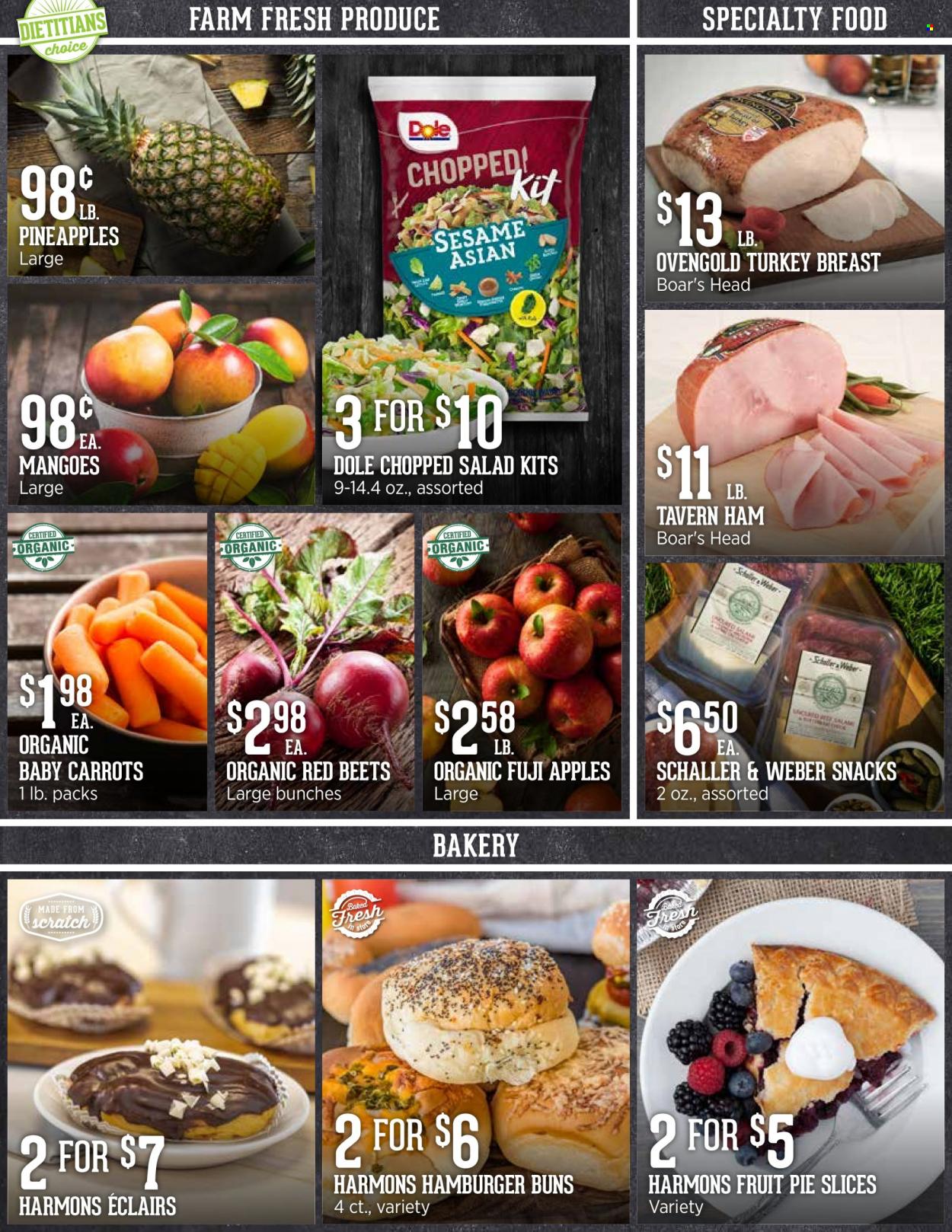thumbnail - Harmons Flyer - 05/23/2023 - 05/29/2023 - Sales products - pie, buns, burger buns, fruit pie, carrots, salad, Dole, chopped salad, apples, pineapple, Fuji apple, Boar's Head, ham, snack, water, turkey breast, turkey, Weber, bunches. Page 2.