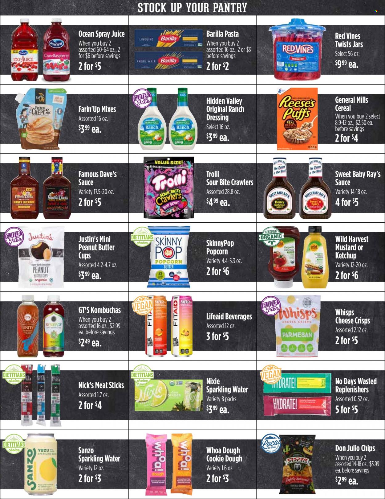 thumbnail - Harmons Flyer - 05/23/2023 - 05/29/2023 - Sales products - cookie dough, Wild Harvest, pasta, sauce, Barilla, ranch dressing, Trolli, peanut butter cups, Red Vines, chips, popcorn, cereals, mustard, ketchup, dressing, juice, sparkling water, water, jar. Page 5.
