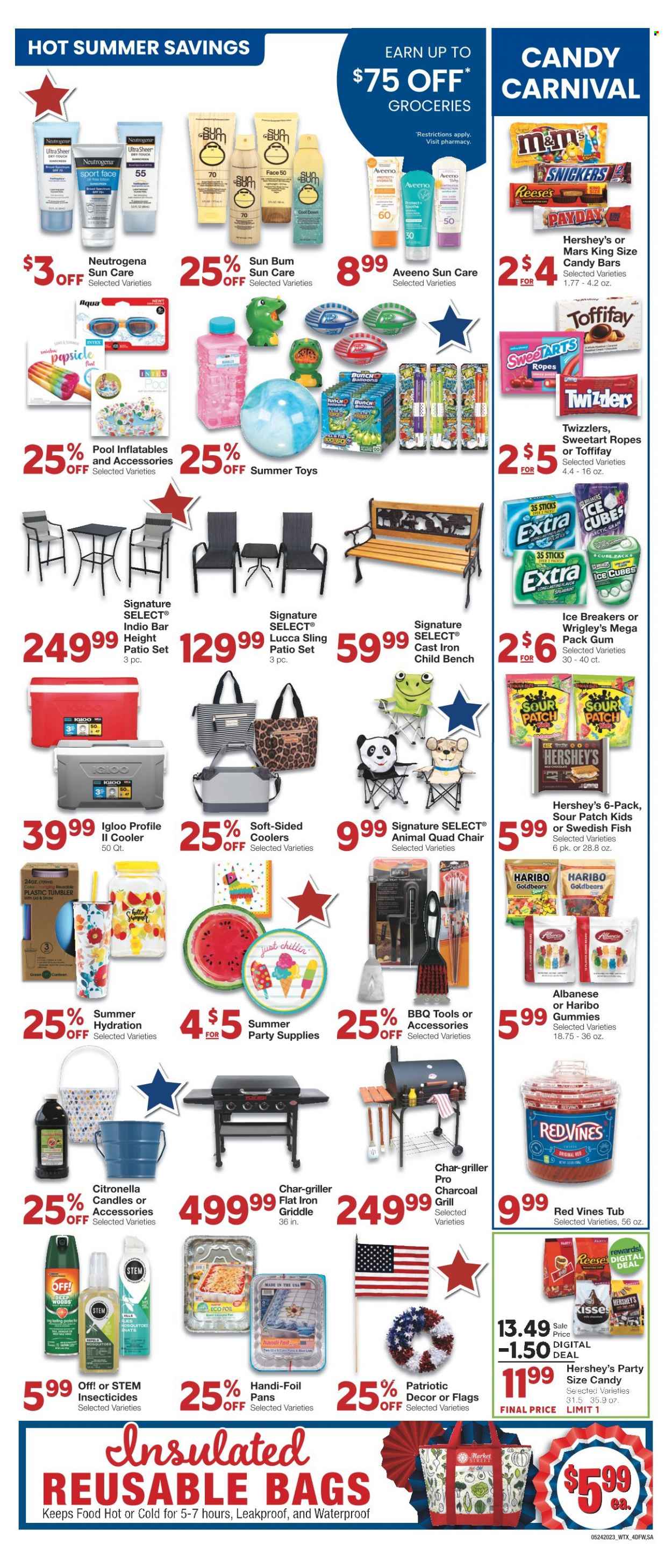 thumbnail - Market Street Flyer - 05/24/2023 - 05/30/2023 - Sales products - cake, Reese's, Hershey's, ice cubes, Haribo, Snickers, Mars, M&M's, Sour Patch, candy bar, Wrigley's, Red Vines, Aveeno, Neutrogena, sun care, tumbler, straw, toys. Page 4.