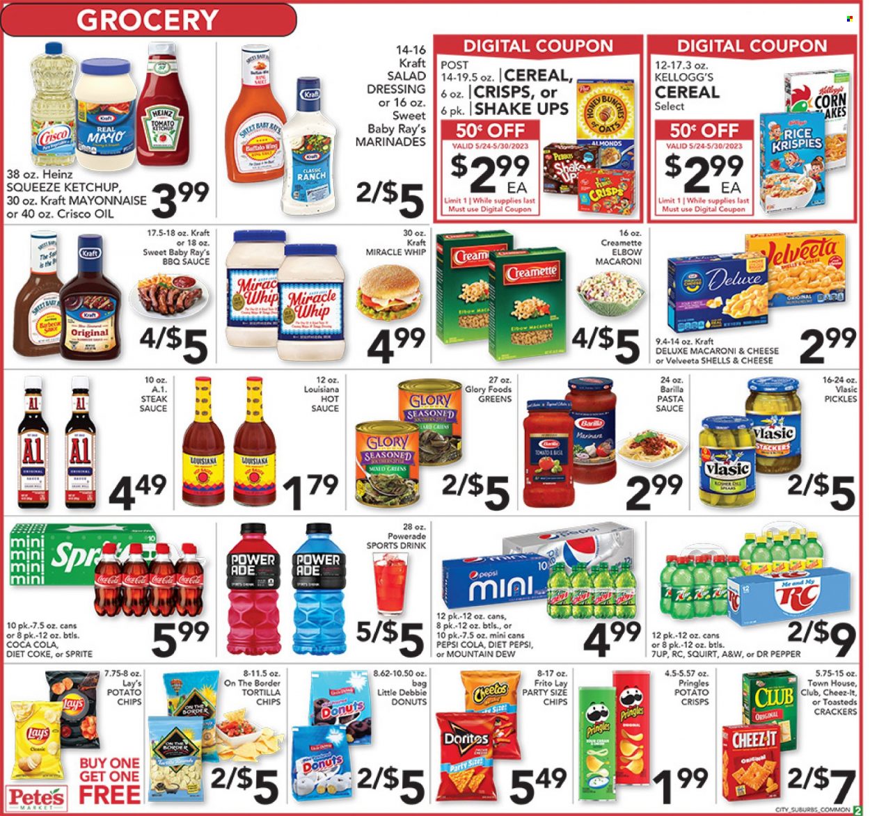 thumbnail - Pete's Fresh Market Flyer - 05/24/2023 - 05/30/2023 - Sales products - donut, corn, macaroni & cheese, pasta sauce, sauce, Barilla, Kraft®, shake, mayonnaise, Miracle Whip, crackers, Kellogg's, Doritos, tortilla chips, potato crisps, potato chips, Pringles, Cheetos, chips, Lay’s, Cheez-It, salty snack, Crisco, oats, Heinz, pickles, cereals, Rice Krispies, Creamette, dill, BBQ sauce, salad dressing, steak sauce, hot sauce, ketchup, dressing, oil, Coca-Cola, Mountain Dew, Sprite, Powerade, Pepsi, energy drink, Dr. Pepper, Diet Pepsi, Diet Coke, soft drink, 7UP, A&W, Coke, steak. Page 2.