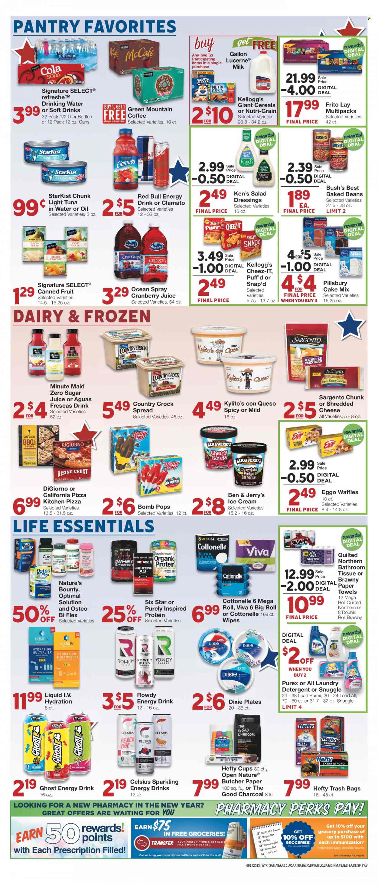 thumbnail - United Supermarkets Flyer - 05/24/2023 - 05/30/2023 - Sales products - waffles, cake mix, tuna, StarKist, pizza, Pillsbury, ready meal, shredded cheese, Sargento, milk, ice cream, Ben & Jerry's, Kellogg's, Cheez-It, canned tuna, tuna in water, light tuna, baked beans, canned fruit, cereals, Nutri-Grain, salad dressing, cranberry juice, juice, energy drink, Clamato, soft drink, Red Bull, fruit punch, water, Boost, coffee, Green Mountain, wipes, Cottonelle, Quilted Northern, tissues, detergent, Snuggle, laundry detergent, Purex, Hefty, trash bags, plate, Dixie, Nature's Bounty. Page 3.