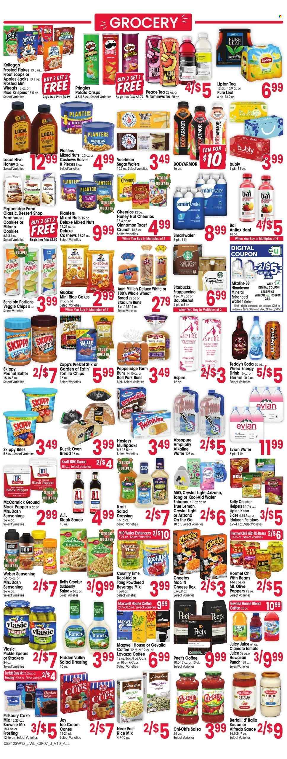 thumbnail - Jewel Osco Flyer - 05/24/2023 - 05/30/2023 - Sales products - wheat bread, pretzels, buns, dessert, brownie mix, cake mix, peppers, apples, hot dog, Knorr, sauce, Pillsbury, Quaker, Alfredo sauce, Kraft®, Bertolli, Hormel, ready meal, ice cream, cookies, fudge, wafers, Kellogg's, waffle cones, tortilla chips, potato crisps, Pringles, Cheetos, chips, salty snack, cocoa, frosting, Cheerios, Rice Krispies, Frosted Flakes, dill, spice, cinnamon, BBQ sauce, caramel, salad dressing, steak sauce, dressing, salsa, peanut butter, syrup, cashews, mixed nuts, Planters, lemonade, tomato juice, juice, energy drink, Lipton, ice tea, Clamato, AriZona, Bai, Country Time, soda, Smartwater, alkaline water, Evian, powder drink, Maxwell House, Pure Leaf, coffee, Starbucks, coffee capsules, K-Cups, Gevalia, frappuccino, Keurig, Lavazza, steak, Weber. Page 7.