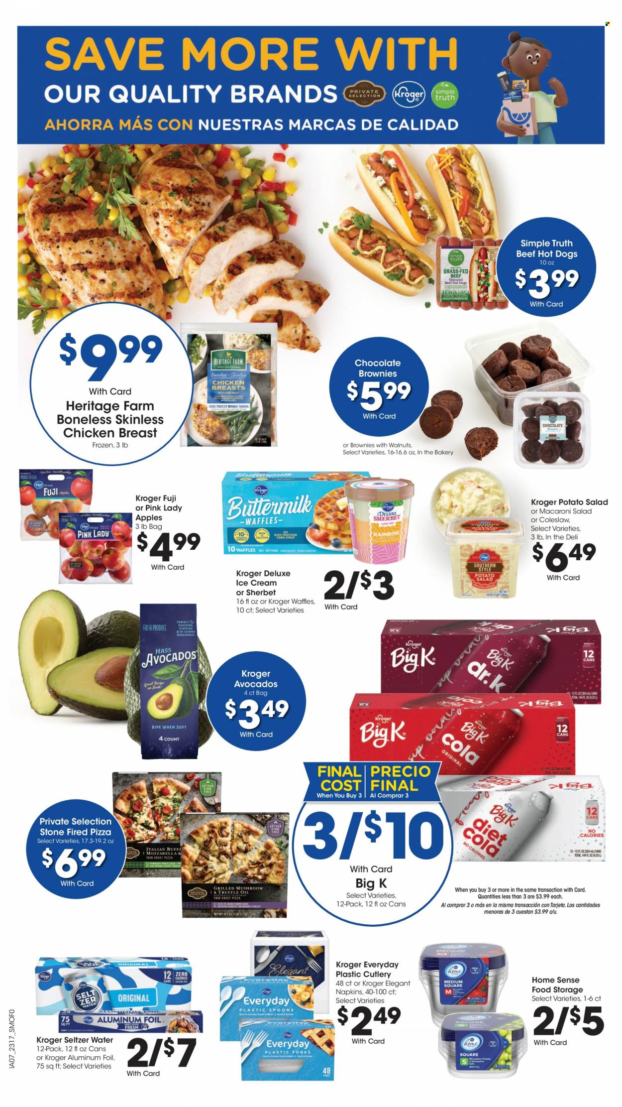 thumbnail - Smith's Flyer - 05/24/2023 - 05/30/2023 - Sales products - brownies, apples, avocado, Pink Lady, coleslaw, hot dog, pizza, potato salad, macaroni salad, ice cream, sherbet, seltzer water, water, chicken breasts, chicken, napkins, disposable cutlery, aluminium foil. Page 7.
