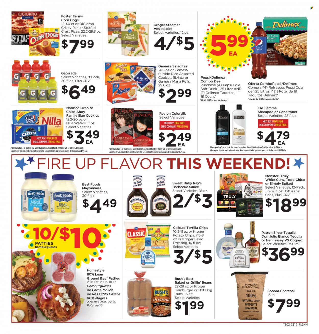 thumbnail - Foods Co Flyer - 05/24/2023 - 05/30/2023 - Sales products - buns, beans, pizza, sauce, taquitos, mayonnaise, cookies, wafers, Nabisco, tortilla chips, potato chips, chips, baked beans, BBQ sauce, salad dressing, dressing, lemonade, Pepsi, Monster, soft drink, Gatorade, sparkling water, cognac, tequila, White Claw, TRULY, Topo Chico, beef meat, ground beef, shampoo, Revlon, TRESemmé, charcoal, electrolyte drink. Page 5.
