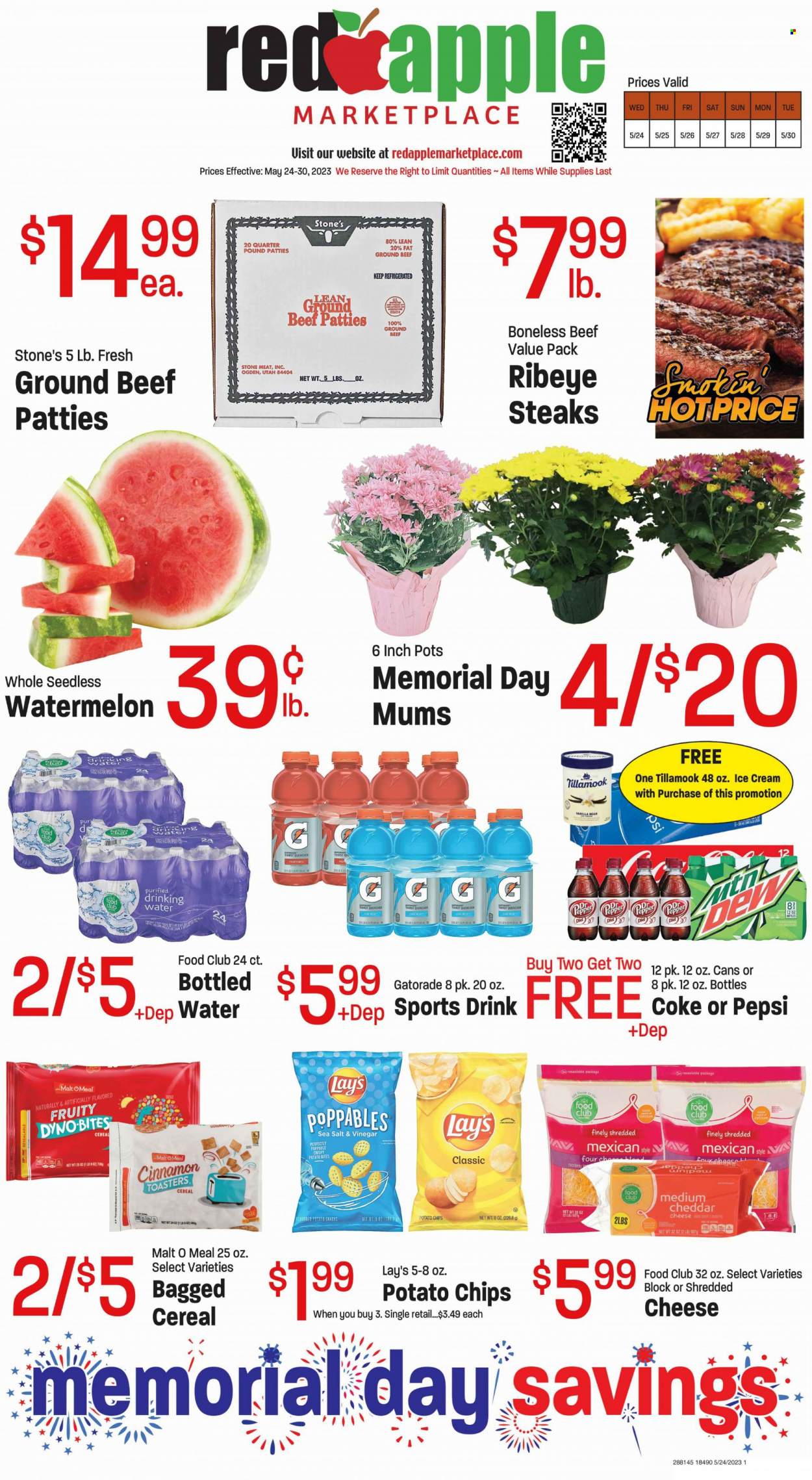 thumbnail - Red Apple Marketplace Flyer - 05/24/2023 - 05/30/2023 - Sales products - watermelon, shredded cheese, cheese, ice cream, snack, potato chips, chips, Lay’s, cereals, cinnamon, Coca-Cola, Pepsi, soft drink, Gatorade, fruit punch, Coke, water, beef meat, ground beef, steak, ribeye steak. Page 1.