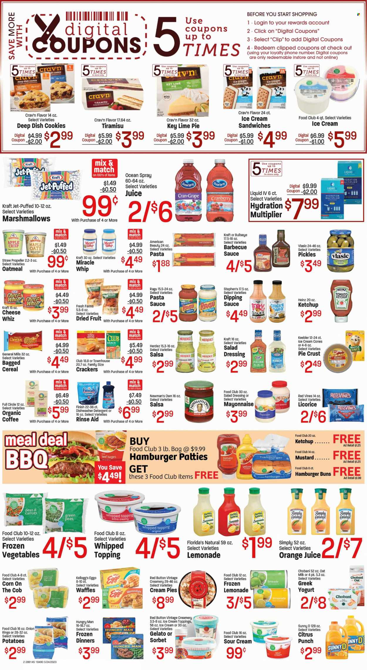 thumbnail - Red Apple Marketplace Flyer - 05/24/2023 - 05/30/2023 - Sales products - buns, burger buns, cream pie, waffles, tiramisu, carrots, corn, sweet corn, apricots, peaches, spaghetti, pasta sauce, onion rings, sauce, beef burger, Kraft®, guacamole, greek yoghurt, Chobani, oat milk, sour cream, mayonnaise, Miracle Whip, ice cream, ice cream sandwich, gelato, sorbet, crinkle fries, marshmallows, snack, crackers, Kellogg's, Florida's Natural, Keebler, Red Vines, waffle cones, pie crust, oatmeal, topping, Heinz, pickles, cereals, Cheerios, dill, BBQ sauce, mustard, salad dressing, ketchup, dressing, salsa, ragu, dried fruit, cranberry juice, orange juice, juice, Cran-Grape, fruit punch, coffee, detergent, Jet. Page 2.