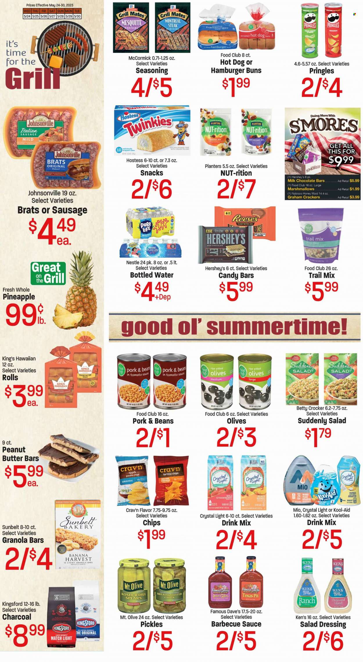 thumbnail - Red Apple Marketplace Flyer - 05/24/2023 - 05/30/2023 - Sales products - cake, buns, burger buns, sweet rolls, pineapple, coconut, hot dog, Kingsford, Johnsonville, bratwurst, sausage, italian sausage, sour cream, Thousand Island dressing, Reese's, Hershey's, graham crackers, marshmallows, milk chocolate, Nestlé, snack, crackers, peanut butter cups, chocolate bar, candy bar, Nabisco, tortilla chips, potato chips, Pringles, chips, pickles, olives, granola bar, Honey Maid, dill, spice, BBQ sauce, salad dressing, dressing, marinade, Planters, trail mix, bottled water, purified water, water, steak. Page 5.