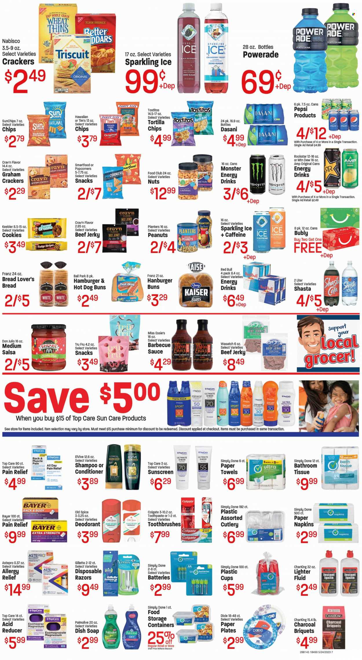 thumbnail - Red Apple Marketplace Flyer - 05/24/2023 - 05/30/2023 - Sales products - buns, hamburger, beef jerky, jerky, cheese, cookies, fudge, graham crackers, snack, crackers, Keebler, Nabisco, tortilla chips, potato chips, chips, Smartfood, Thins, popcorn, Tostitos, salsa, honey, cashews, peanuts, Planters, Mountain Dew, Powerade, Pepsi, energy drink, Monster, soft drink, Red Bull, Monster Energy, Rockstar, flavored water, sparkling water, water, napkins, bath tissue, kitchen towels, paper towels, dishwashing liquid, shampoo, Old Spice, Palmolive, Colgate, toothpaste, L’Oréal, sun care, conditioner, body lotion, anti-perspirant, deodorant, Gillette, razor, Venus, disposable razor, melons. Page 7.