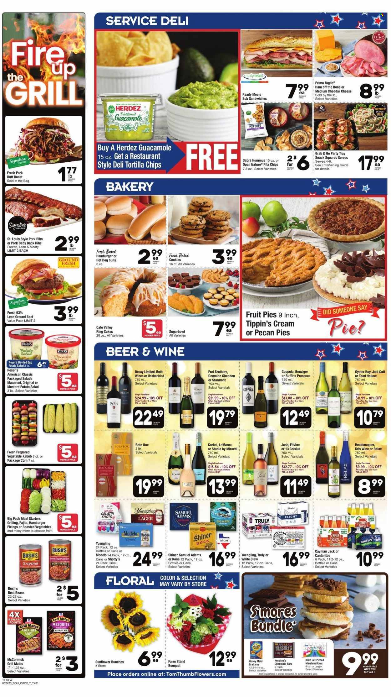 thumbnail - Tom Thumb Flyer - 05/24/2023 - 05/30/2023 - Sales products - cake, buns, garlic, oysters, fajita, Kraft®, roast, ham, ham off the bone, hummus, guacamole, potato salad, macaroni salad, cheese, eggs, Hershey's, cookies, marshmallows, snack, chocolate bar, tortilla chips, pita chips, baked beans, Honey Maid, mustard, marinade, soda, sparkling water, Riesling, sparkling wine, white wine, prosecco, wine, alcohol, White Claw, TRULY, beer, Lager, Modelo, Shiner Bock, beef meat, ground beef, ribs, pork meat, pork ribs, pork back ribs, pork butt, WAVE, Jet, Yuengling. Page 2.