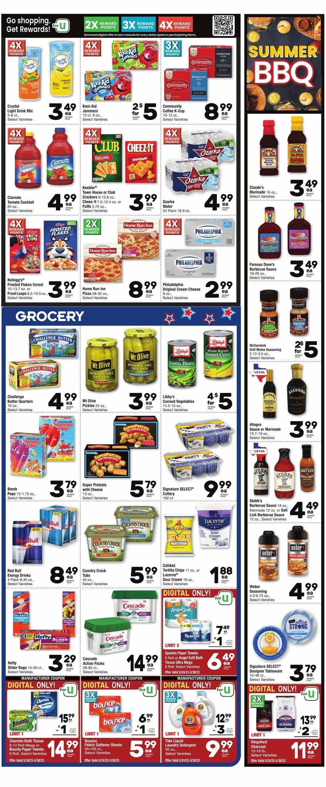 thumbnail - Tom Thumb Flyer - 05/24/2023 - 05/30/2023 - Sales products - pretzels, puffs, corn, green beans, sweet corn, pizza, hamburger, fajita, Kingsford, brisket, roast, cream cheese, Philadelphia, butter, sour cream, SuperPretzel, Bounty, crackers, Kellogg's, Keebler, tortilla chips, chips, Cheez-It, pickles, canned vegetables, cereals, Frosted Flakes, dill, spice, BBQ sauce, marinade, lemonade, energy drink, Clamato, Red Bull, water, coffee, coffee capsules, K-Cups, breakfast blend, chicken, bath tissue, kitchen towels, paper towels, Charmin, detergent, Cascade, Tide, fabric softener, laundry detergent, Bounce. Page 3.