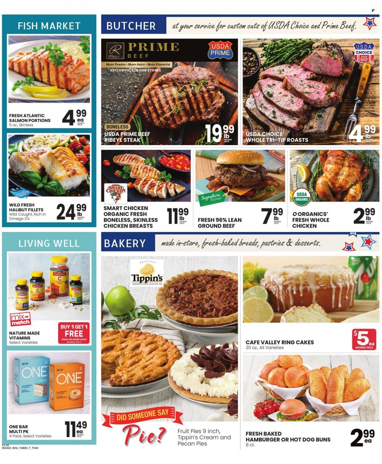 thumbnail - Tom Thumb Flyer - 05/24/2023 - 05/30/2023 - Sales products - cake, pie, buns, donut, dessert, salmon, halibut, sugar, whole chicken, chicken breasts, chicken, beef meat, beef steak, ground beef, steak, ribeye steak. Page 2.