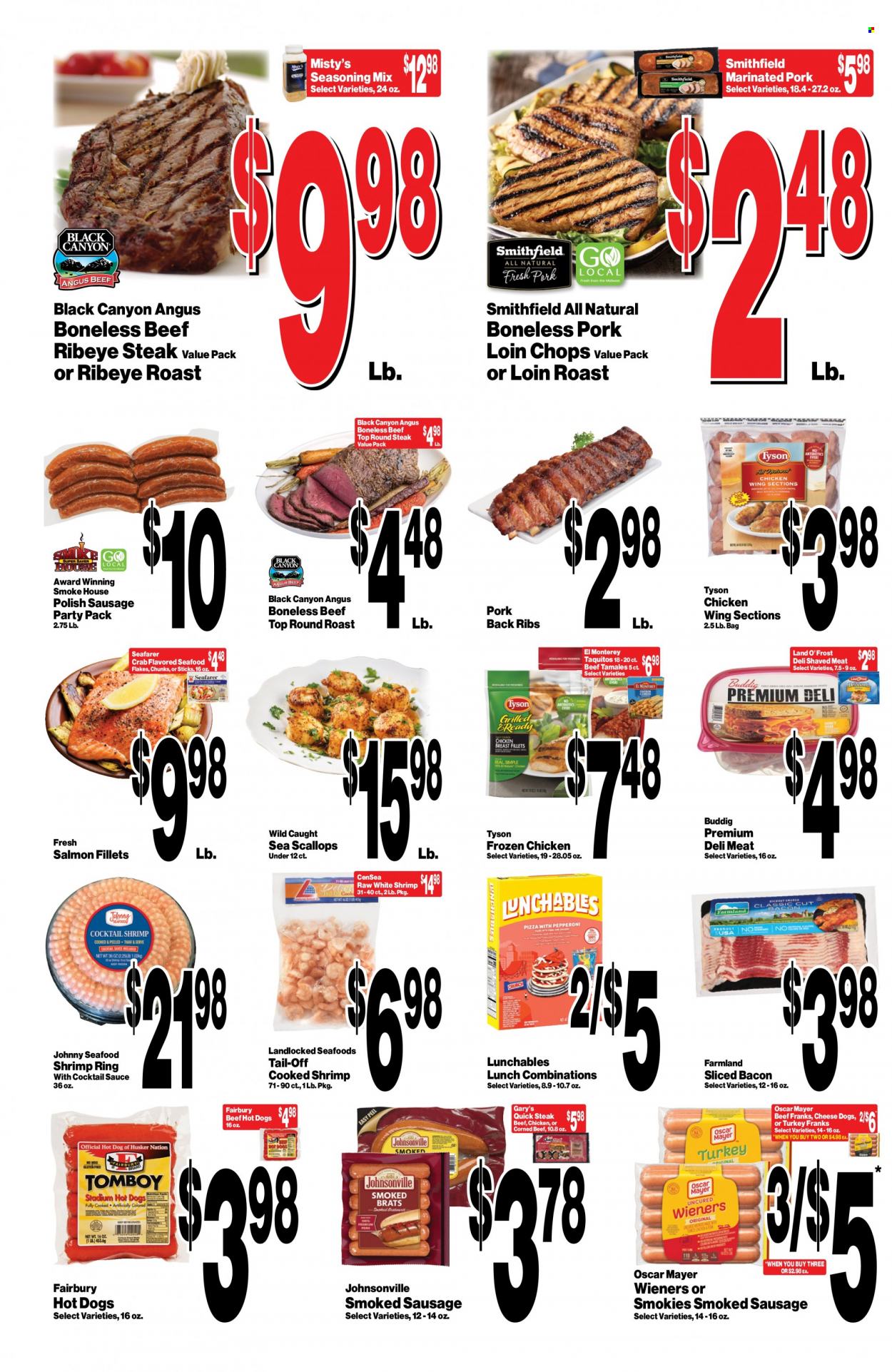 thumbnail - Super Saver Flyer - 05/23/2023 - 05/30/2023 - Sales products - salmon, salmon fillet, scallops, seafood, crab, shrimps, hot dog, sauce, taquitos, Lunchables, roast, bacon, Johnsonville, Oscar Mayer, smoked sausage, polish sausage, frankfurters, corned beef, cheese, spice, cocktail sauce, chicken, turkey, beef meat, beef steak, steak, round roast, round steak, ribeye steak, ribs, pork chops, pork loin, pork meat, pork ribs, pork back ribs, marinated pork. Page 2.