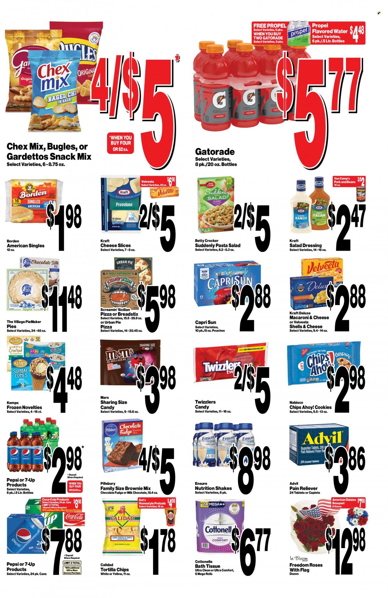 thumbnail - Super Saver Flyer - 05/23/2023 - 05/30/2023 - Sales products - pretzels, brownie mix, beans, macaroni & cheese, pizza, pasta, Urban Pie, Pillsbury, Kraft®, pasta salad, sliced cheese, Kemps, shake, Screamin' Sicilian, cookies, fudge, milk chocolate, snack, Mars, Chips Ahoy!, Candy, Nabisco, tortilla chips, Chex Mix, salad dressing, dressing, Capri Sun, Coca-Cola, Pepsi, soft drink, 7UP, Gatorade, flavored water, water, bath tissue, Cottonelle, bouquet, rose. Page 3.
