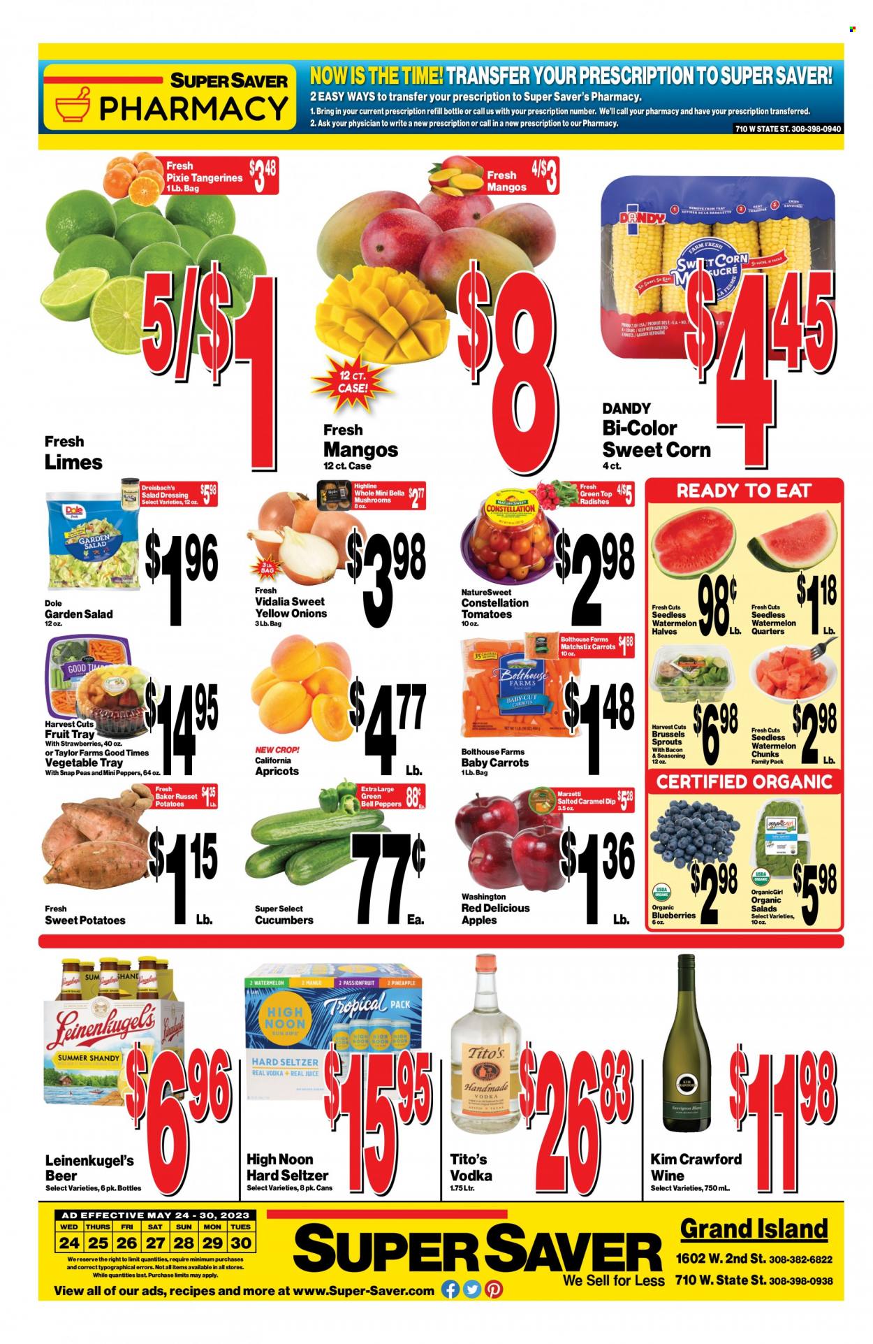 thumbnail - Super Saver Flyer - 05/23/2023 - 05/30/2023 - Sales products - mushrooms, bell peppers, carrots, corn, radishes, russet potatoes, sweet potato, tomatoes, potatoes, onion, Dole, brussel sprouts, sweet corn, apples, blueberries, limes, mango, Red Delicious apples, watermelon, apricots, snap peas, spice, salad dressing, dressing, wine, alcohol, Kim Crawford, vodka, Hard Seltzer, beer, Leinenkugel's, tangerines. Page 4.