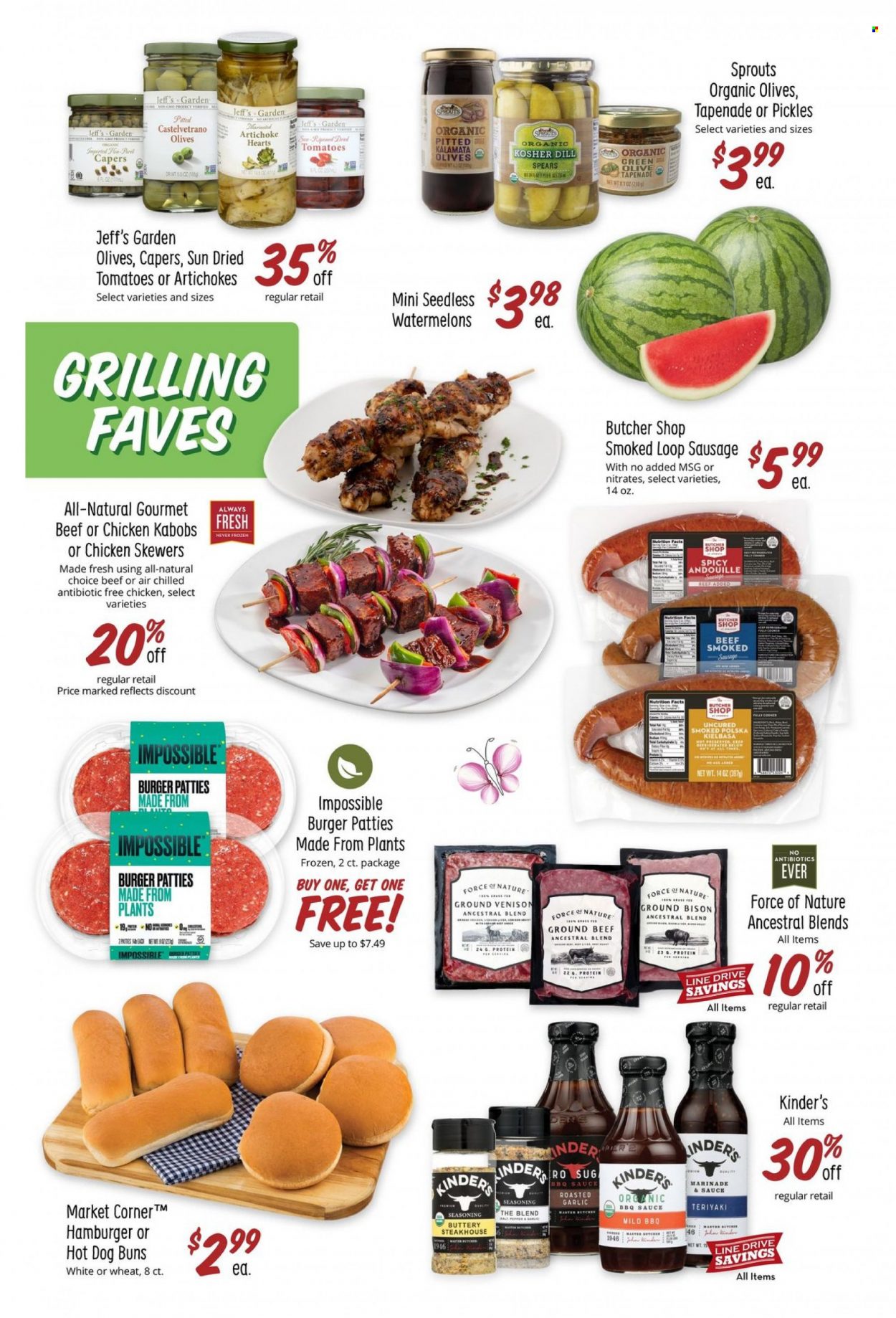 thumbnail - Sprouts Flyer - 05/24/2023 - 05/30/2023 - Sales products - venison meat, ground venison, buns, artichoke, watermelon, sauce, sausage, smoked sausage, kielbasa, capers, dried tomatoes, pickles, olives, dill, spice, BBQ sauce, marinade, beef meat, ground beef, bison meat, burger patties. Page 4.
