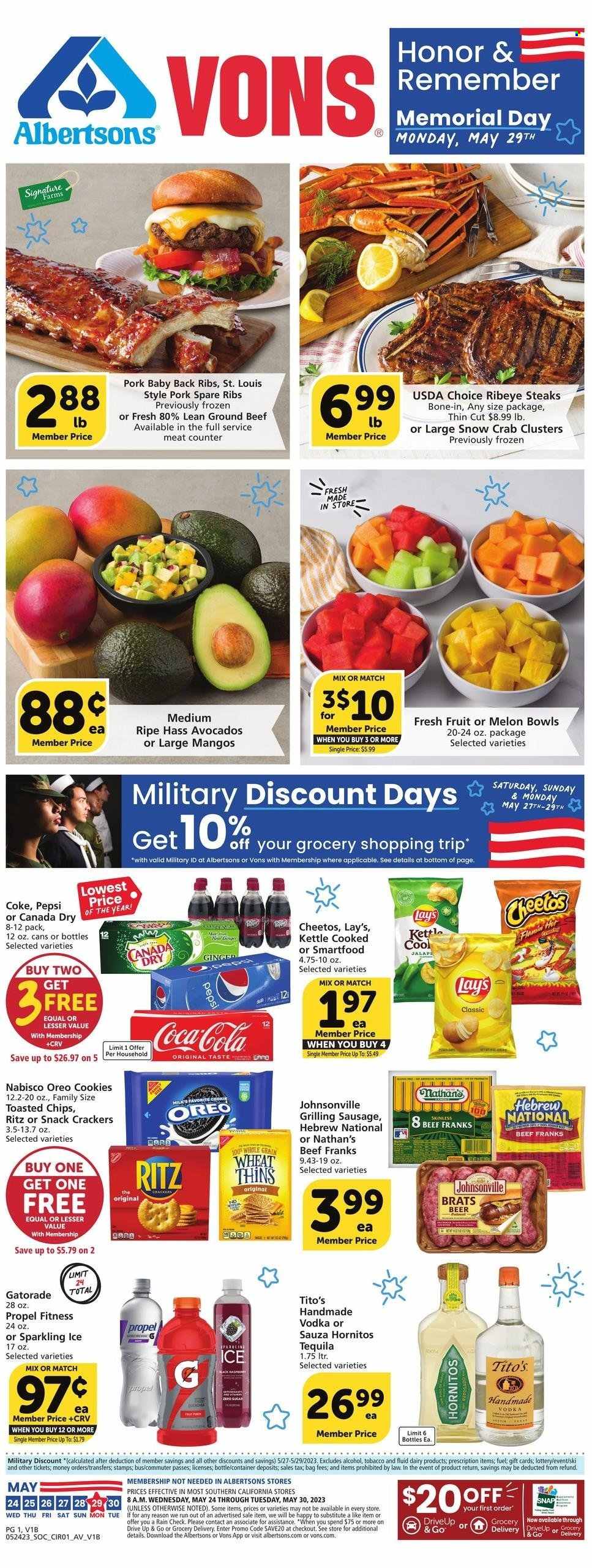 thumbnail - Albertsons Flyer - 05/24/2023 - 05/30/2023 - Sales products - ginger, avocado, mango, crab, crab clusters, Johnsonville, sausage, frankfurters, Oreo, cookies, crackers, RITZ, Nabisco, Cheetos, Lay’s, Smartfood, Thins, Canada Dry, Coca-Cola, Pepsi, soft drink, Gatorade, Coke, flavored water, tequila, vodka, beer, beef meat, ground beef, steak, ribeye steak, ribs, pork meat, pork ribs, pork spare ribs, pork back ribs, container, electrolyte drink, melons, salty snack, chips. Page 1.