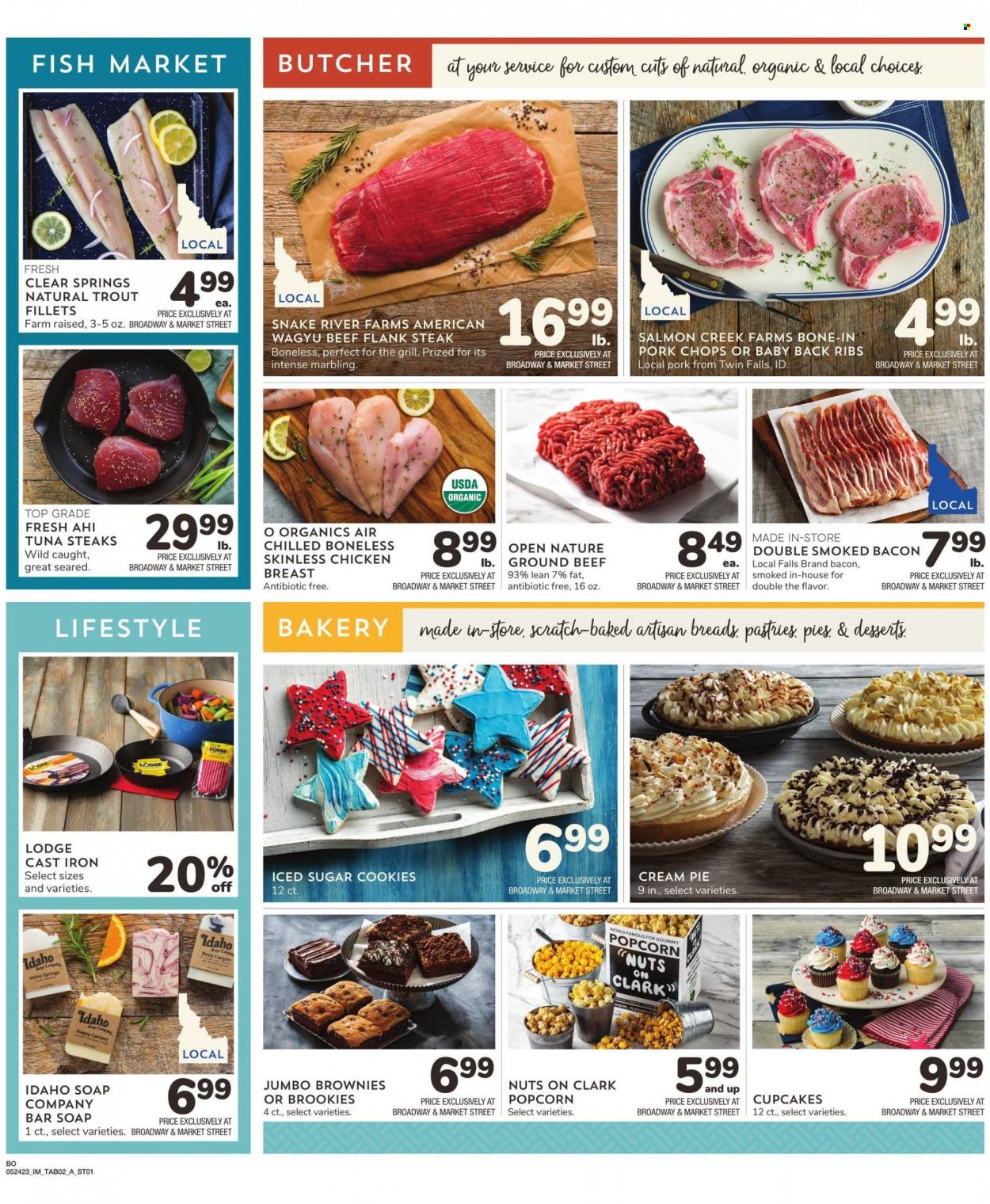 thumbnail - Albertsons Flyer - 05/24/2023 - 05/30/2023 - Sales products - trout, beef meat, steak, flank steak, salmon, ribs, pork chops, pork meat, pork ribs, pork back ribs, tuna, chicken breasts, chicken, ground beef, bacon, cookies, pie, cream pie, soap bar, soap, brownies, popcorn, cupcake, dessert. Page 2.