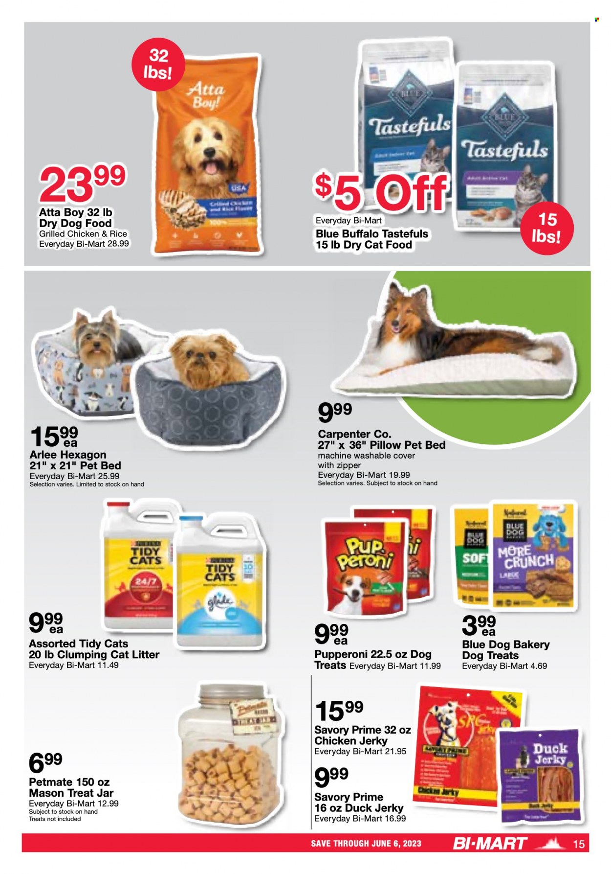 thumbnail - Bi-Mart Flyer - 05/23/2023 - 06/06/2023 - Sales products - jerky, duck jerky, flour, beer, Peroni, jar, Glade, pillow, animal food, cat litter, pet bed, dry dog food, Blue Buffalo, cat food, dog food, dry cat food. Page 14.