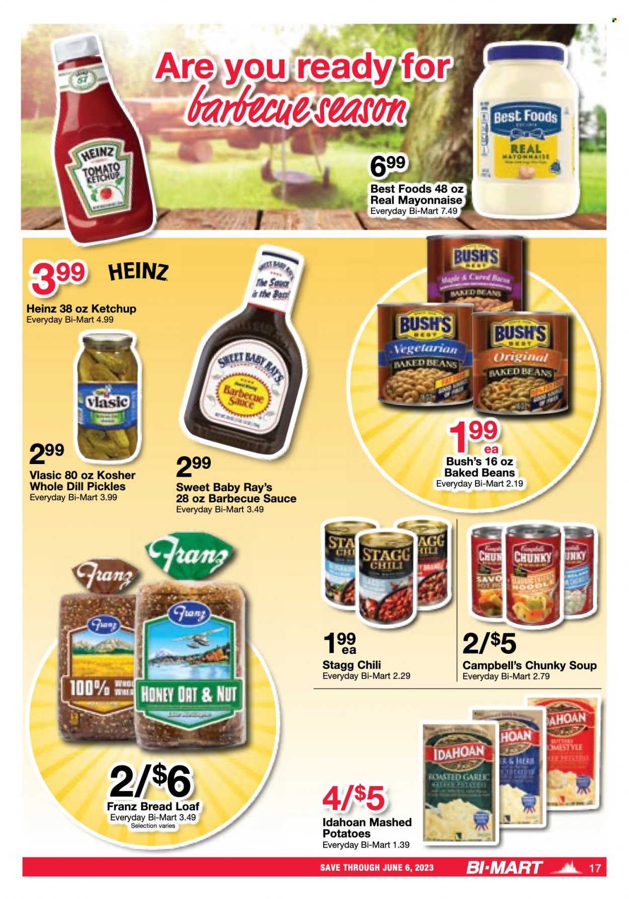 thumbnail - Bi-Mart Flyer - 05/23/2023 - 06/06/2023 - Sales products - bread, beans, Campbell's, mashed potatoes, soup, mayonnaise, Heinz, pickles, baked beans, dill, BBQ sauce, ketchup, honey, pot. Page 16.