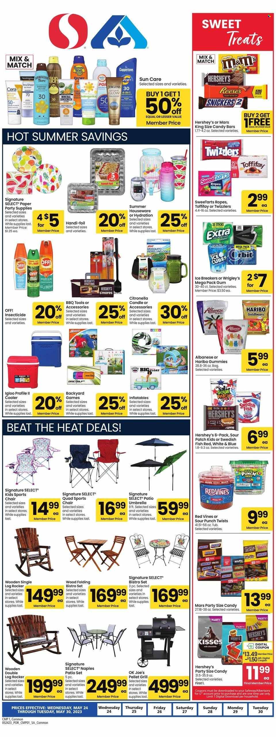 thumbnail - Albertsons Flyer - 05/24/2023 - 05/30/2023 - Sales products - butter, Reese's, Hershey's, ice cubes, milk chocolate, chocolate, Orbit, Haribo, Snickers, Twix, Mars, M&M's, Sour Patch, candy bar, Wrigley's, Red Vines, Neutrogena, sun care, Jergens, insecticide, gloves, paper, candle, party supplies, boat, Intex. Page 7.