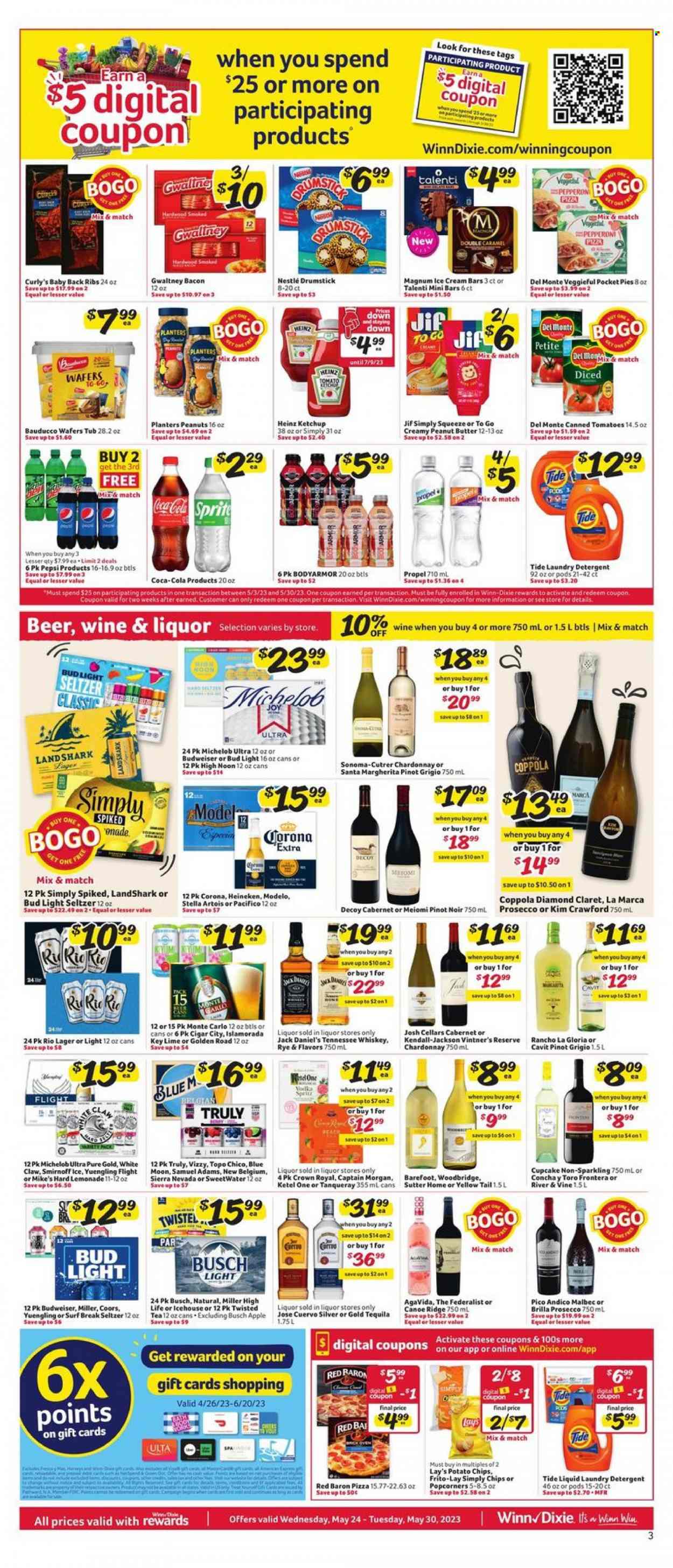 thumbnail - Winn Dixie Flyer - 05/24/2023 - 05/30/2023 - Sales products - pie, cupcake, Jack Daniel's, pizza, bacon, Magnum, ice cream, ice cream bars, Talenti Gelato, ice cones, Red Baron, Nestlé, wafers, Santa, potato chips, chips, Lay’s, popcorn, Frito-Lay, canned tomatoes, Heinz, Del Monte, ketchup, peanut butter, Jif, peanuts, Planters, Coca-Cola, lemonade, Sprite, Pepsi, ice tea, soft drink, Bai, sparkling water, Cabernet Sauvignon, red wine, sparkling wine, white wine, prosecco, Chardonnay, wine, Pinot Noir, Pablo, alcohol, Pinot Grigio, Woodbridge, Brilla, Kim Crawford, Malbec, Captain Morgan, Smirnoff, Tennessee Whiskey, tequila, whiskey, White Claw, Hard Seltzer, TRULY, whisky, Busch, Stella Artois, Bud Light, Corona Extra, Heineken, Miller, Lager, Modelo, Topo Chico, ribs, pork meat, pork ribs, pork back ribs, detergent, Tide, laundry detergent, Surf, Dixie, Budweiser, Coors, Blue Moon, Twisted Tea, Yuengling, Michelob. Page 3.