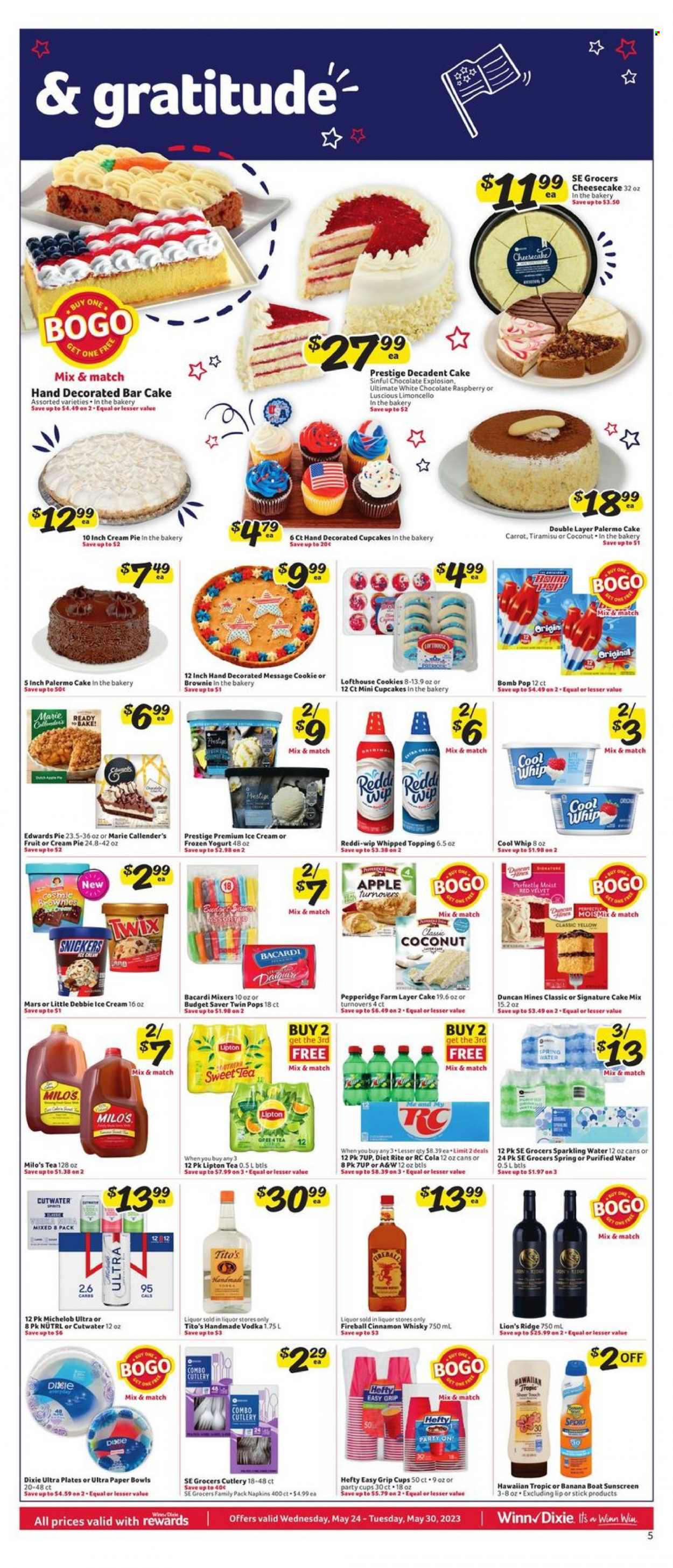 thumbnail - Winn Dixie Flyer - 05/24/2023 - 05/30/2023 - Sales products - pie, turnovers, cupcake, brownies, cream pie, tiramisu, cake mix, Marie Callender's, Cool Whip, ice cream, cookies, Snickers, Twix, Mars, topping, Lipton, soft drink, 7UP, Milo's, A&W, spring water, sparkling water, purified water, water, tea, Bacardi, Limoncello, vodka, cinnamon whisky, whisky, beer, napkins, Hawaiian Tropic, Beurer, Hefty, plate, party cups, paper bowl, Dixie, Michelob. Page 5.