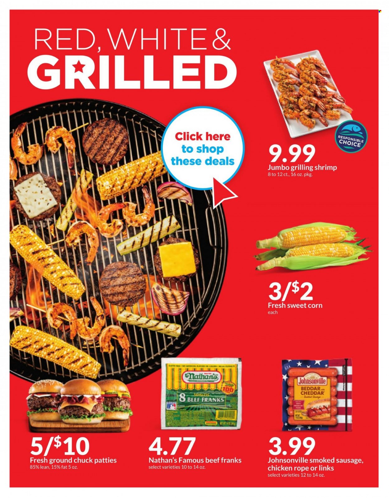 thumbnail - Hy-Vee Flyer - 05/24/2023 - 05/30/2023 - Sales products - corn, sweet corn, shrimps, Johnsonville, sausage, smoked sausage, frankfurters, cheddar, cheese, chicken, ground chuck. Page 5.