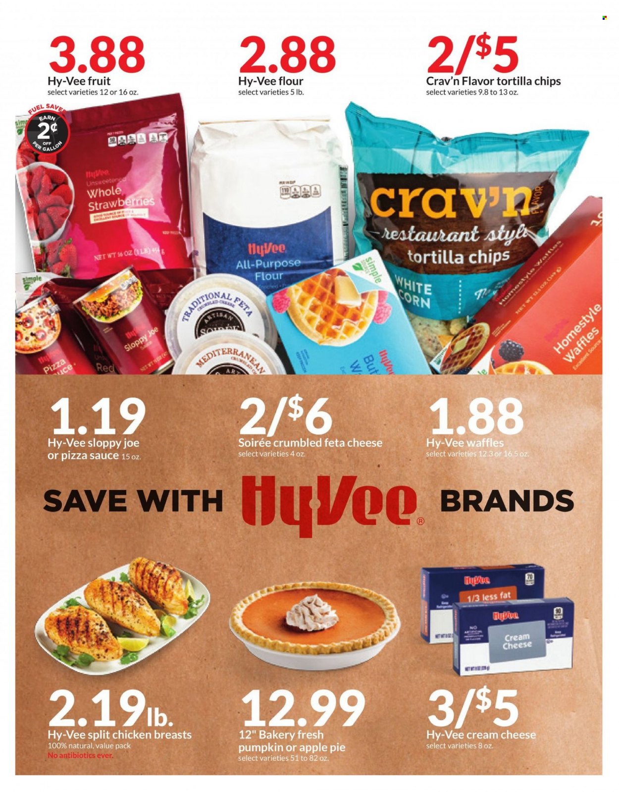 thumbnail - Hy-Vee Flyer - 05/24/2023 - 05/30/2023 - Sales products - pie, apple pie, waffles, corn, pumpkin, strawberries, sauce, cream cheese, feta, tortilla chips, chips, chicken breasts, chicken, gallon. Page 18.