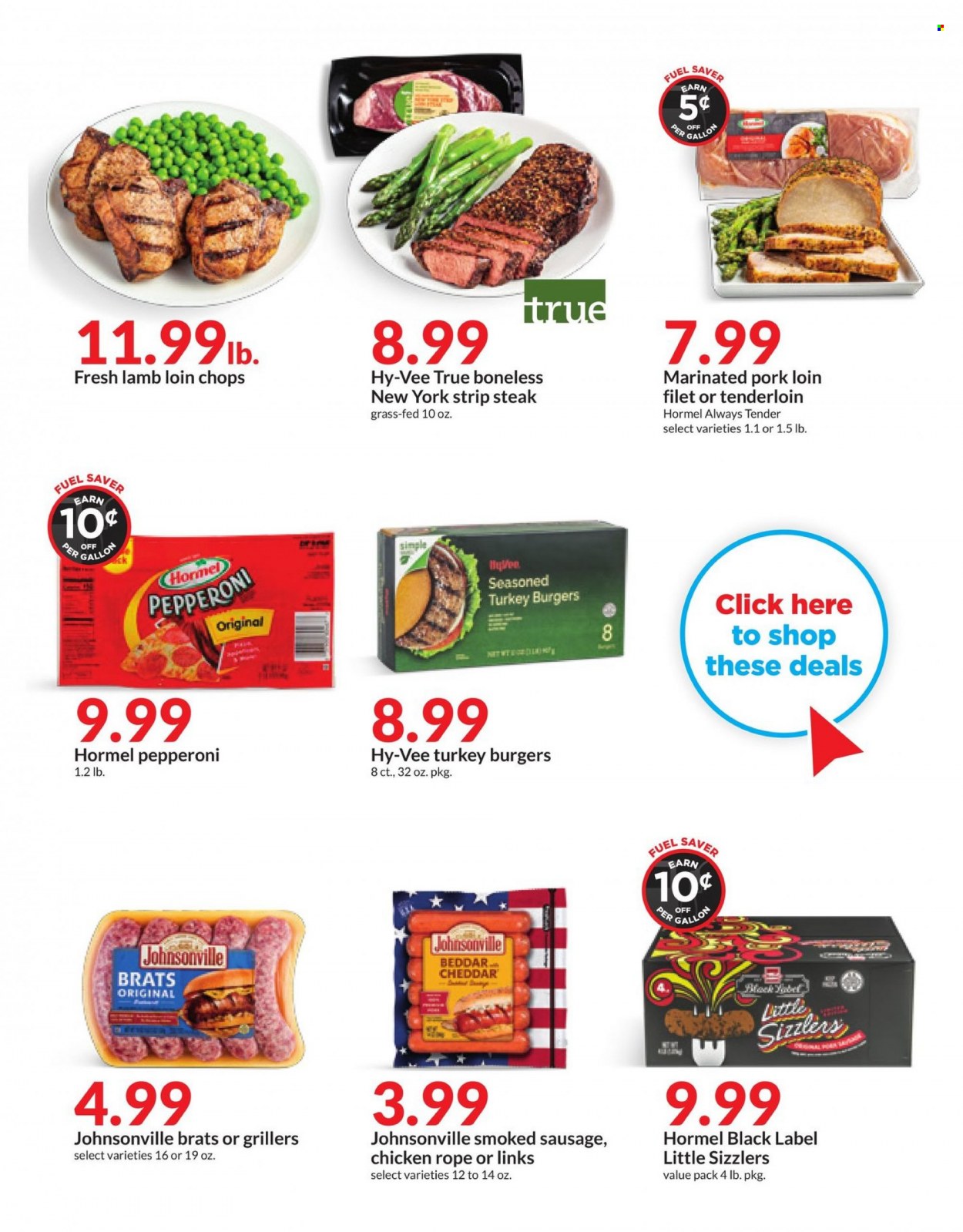 thumbnail - Hy-Vee Flyer - 05/24/2023 - 05/30/2023 - Sales products - hamburger, Hormel, Johnsonville, sausage, smoked sausage, pepperoni, cheese, chicken, turkey, beef meat, steak, striploin steak, turkey burger, pork loin, pork meat, marinated pork, lamb loin, lamb meat, gallon. Page 30.