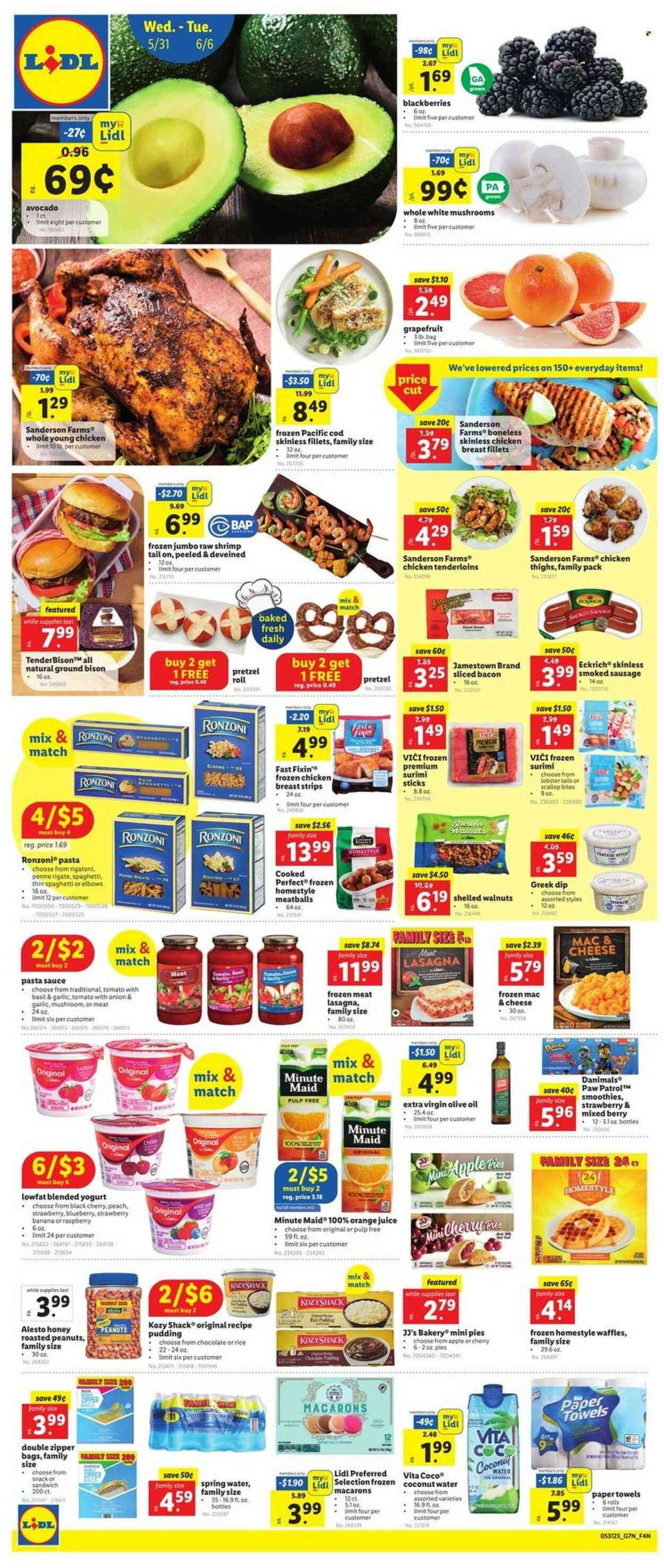 thumbnail - Lidl Flyer - 05/31/2023 - 06/06/2023 - Sales products - mushrooms, Fast Fixin', pretzels, macaroons, waffles, avocado, blackberries, grapefruits, cherries, cod, lobster, scallops, lobster tail, shrimps, spaghetti, pasta sauce, meatballs, sandwich, sauce, lasagna meal, bacon, snack, sausage, smoked sausage, pudding, yoghurt, Danimals, strips, rice, penne, extra virgin olive oil, olive oil, oil, roasted peanuts, walnuts, peanuts, orange juice, juice, coconut water, fruit punch, smoothie, spring water, water, chicken thighs, chicken, bison meat, kitchen towels, paper towels. Page 1.