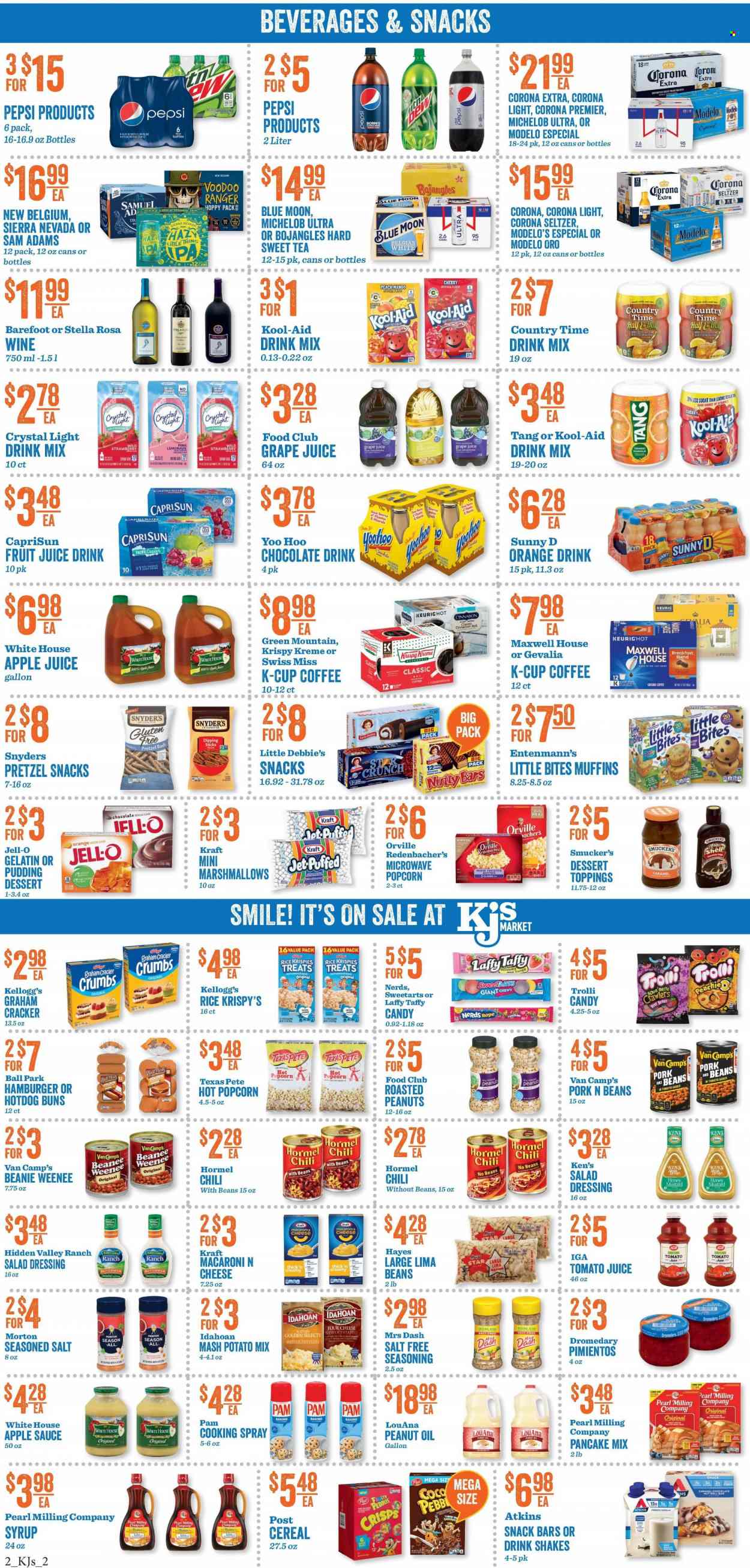 thumbnail - KJ´s Market Flyer - 05/24/2023 - 05/30/2023 - Sales products - hot dog rolls, pretzels, buns, cinnamon roll, muffin, Entenmann's, dessert, pancake mix, cherries, oranges, macaroni & cheese, mashed potatoes, hamburger, Kraft®, Hormel, ready meal, snack, pudding, Swiss Miss, buttermilk, shake, lima beans, marshmallows, Trolli, crackers, Kellogg's, snack bar, Little Bites, Candy, popcorn, Jell-O, cereals, Rice Krispies, spice, caramel, mustard, salad dressing, honey mustard, dressing, cooking spray, peanut oil, oil, apple sauce, syrup, roasted peanuts, peanuts, apple juice, lemonade, tomato juice, Pepsi, juice, fruit juice, soft drink, Country Time, chocolate drink, powder drink, Maxwell House, tea, coffee, ground coffee, coffee capsules, K-Cups, Gevalia, Green Mountain, wine, alcohol, beer, Corona Extra, Modelo, Jet, Brite, Shell, vitamin c, Half and half, Blue Moon, Michelob. Page 2.