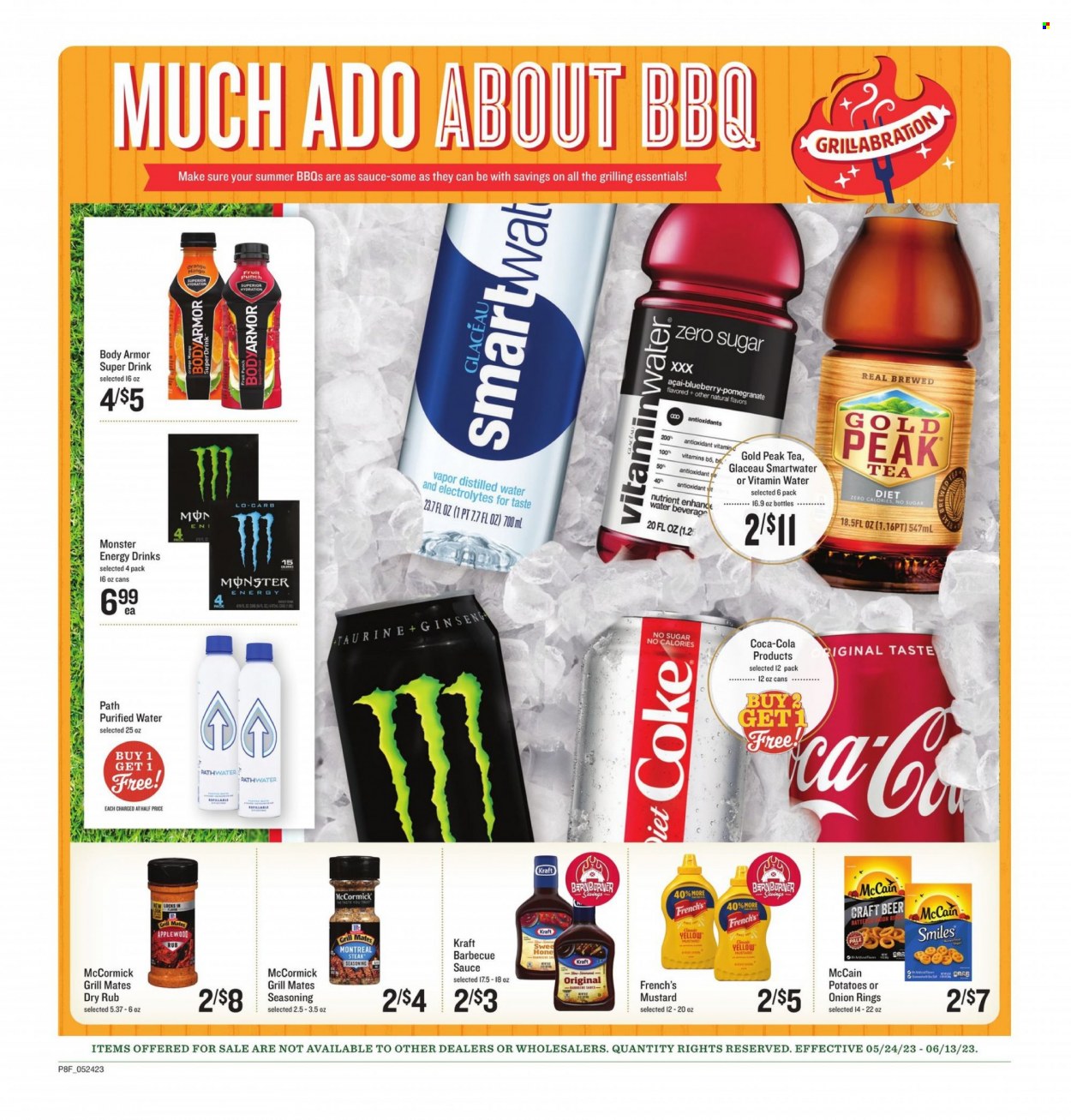 thumbnail - Lowes Foods Flyer - 05/24/2023 - 06/13/2023 - Sales products - potatoes, oranges, onion rings, sauce, Kraft®, McCain, spice, BBQ sauce, mustard, Coca-Cola, Body Armor, energy drink, Monster, ice tea, soft drink, Monster Energy, Gold Peak Tea, fruit punch, Coke, purified water, Smartwater, vitamin water, water, alcohol, beer, steak, ginseng, pomegranate. Page 8.