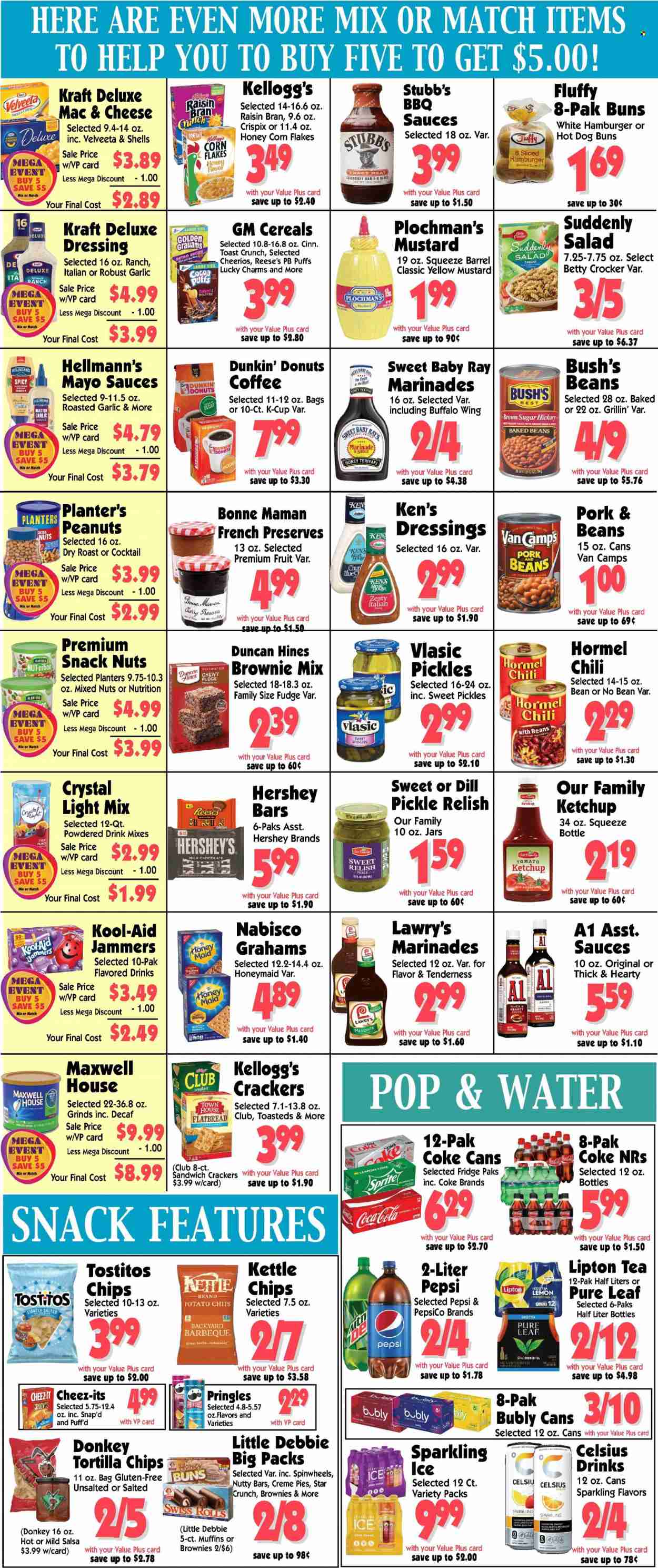 thumbnail - Al's Supermarket Flyer - 05/24/2023 - 05/30/2023 - Sales products - pita, buns, flatbread, puffs, muffin, macaroons, Dunkin' Donuts, brownie mix, cherries, Kraft®, Hormel, roast, ready meal, snack, mayonnaise, italian dressing, Hellmann’s, Reese's, Hershey's, fudge, milk chocolate, crackers, Kellogg's, Nabisco, dill pickle, tortilla chips, potato chips, Pringles, chips, Tostitos, Kettle chips, salty snack, cane sugar, pickles, baked beans, cereals, Cheerios, corn flakes, Raisin Bran, Honey Maid, dill, mustard, ketchup, dressing, salsa, marinade, garlic sauce, peanuts, mixed nuts, Planters, Coca-Cola, Sprite, Pepsi, Lipton, ice tea, soft drink, Coke, flavored water, water, powder drink, Maxwell House, Pure Leaf, coffee, coffee capsules, K-Cups, steak, jar. Page 4.