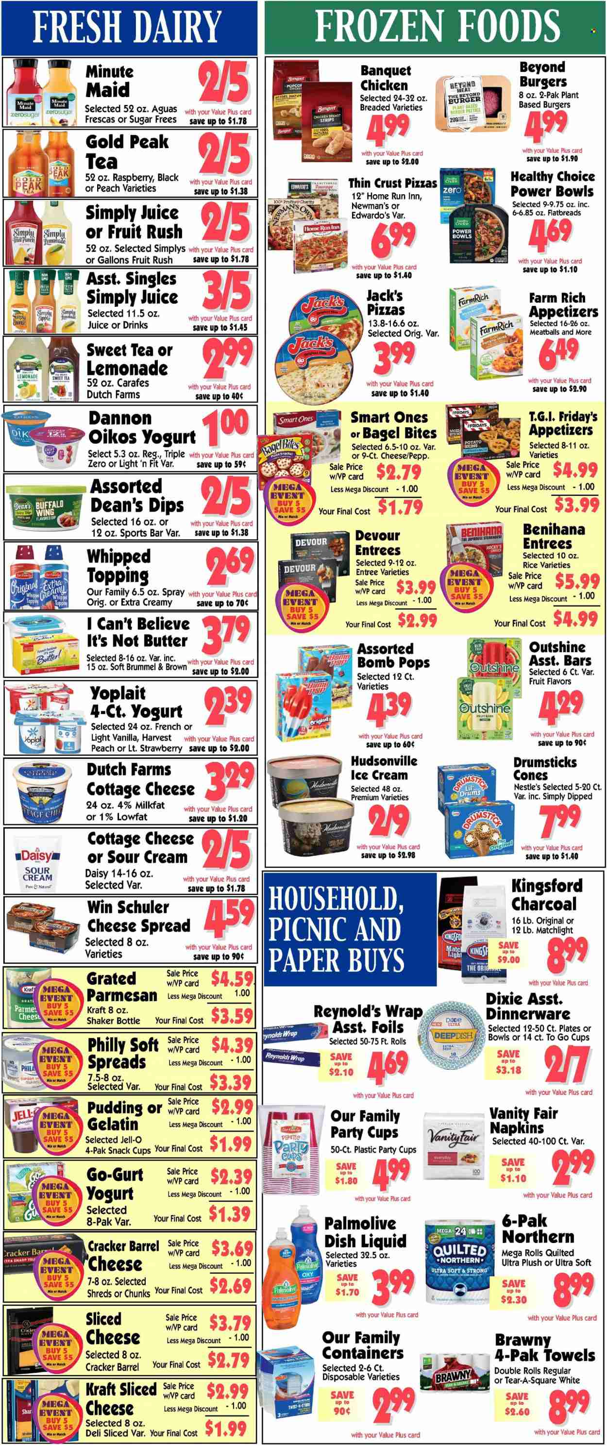 thumbnail - Al's Supermarket Flyer - 05/24/2023 - 05/30/2023 - Sales products - mushrooms, bagels, cherries, pizza, meatballs, hamburger, veggie burger, Healthy Choice, Kraft®, Kingsford, snack, sausage, cheese spread, cottage cheese, curd, pudding, Oikos, Yoplait, Dannon, I Can't Believe It's Not Butter, sour cream, dip, ice cream, fruit bar, strips, Devour, crackers, sugar, topping, Jell-O, rice, lemonade, juice, fruit juice, ice tea, Gold Peak Tea, fruit punch, chicken breasts, chicken, burger patties, napkins, Quilted Northern, dishwashing liquid, Palmolive, dinnerware set, plate, shaker, Sharp, party cups, Dixie, mouse. Page 5.