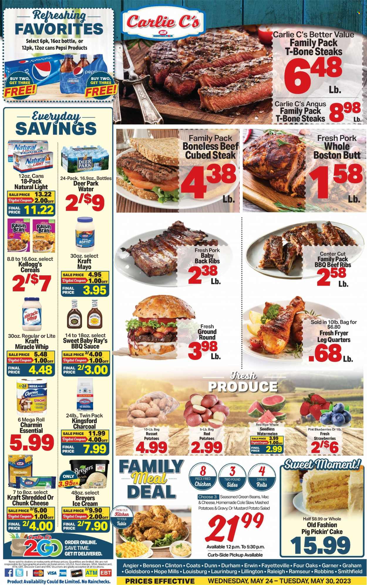 thumbnail - Carlie C's Flyer - 05/24/2023 - 05/30/2023 - Sales products - cake, dinner rolls, beans, green beans, russet potatoes, salad, red potatoes, blueberries, strawberries, watermelon, mashed potatoes, sauce, fried chicken, Kraft®, Kingsford, boston butt, potato salad, mild cheddar, mozzarella, shredded cheese, cheddar, chunk cheese, mayonnaise, Miracle Whip, ice cream, Kellogg's, cereals, Raisin Bran, BBQ sauce, mustard, Pepsi, soft drink, water, beef meat, beef ribs, t-bone steak, steak, ribs, pork meat, pork ribs, pork back ribs, Charmin. Page 1.