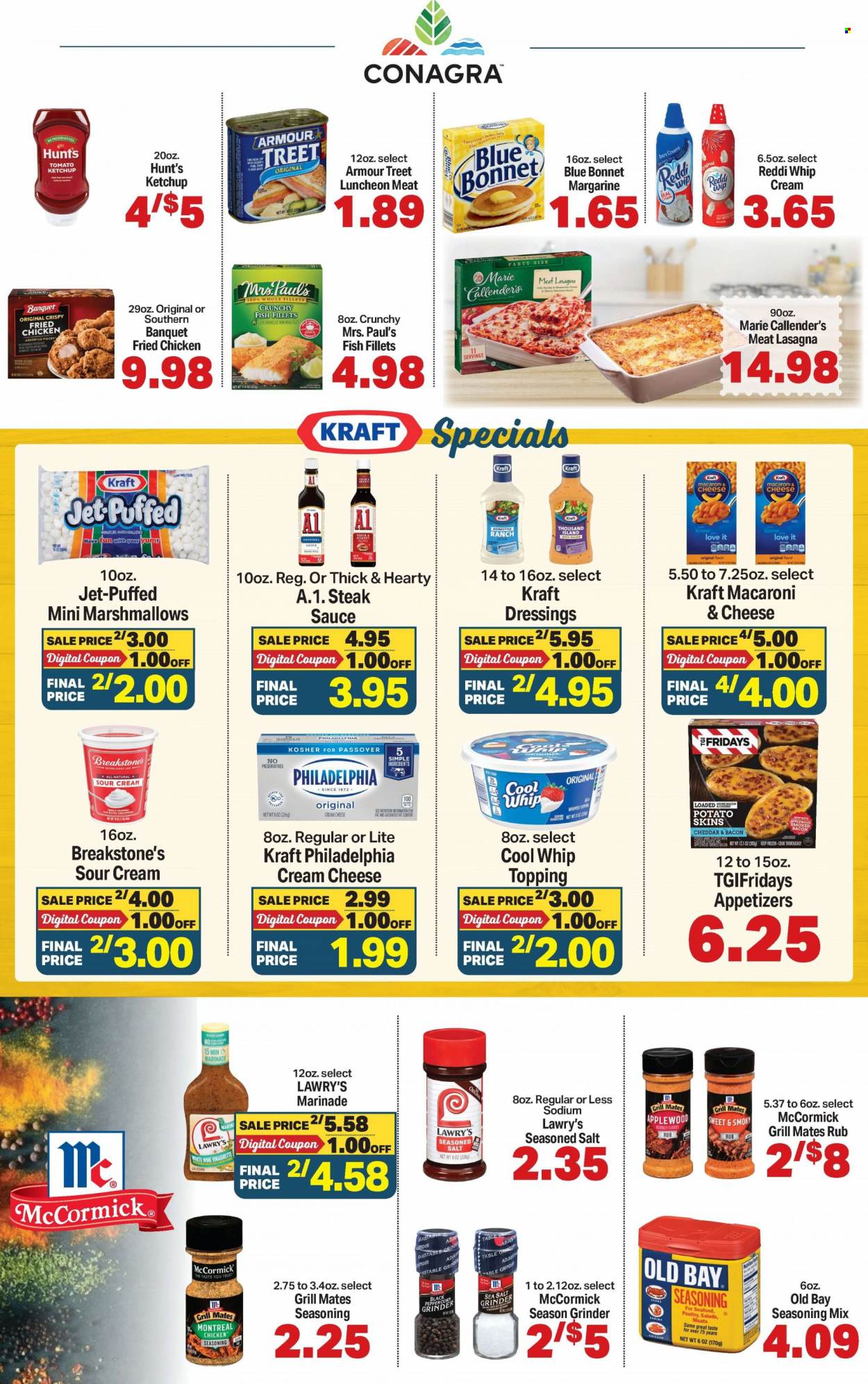 thumbnail - Carlie C's Flyer - 05/24/2023 - 05/30/2023 - Sales products - fish fillets, seafood, fish, shrimps, macaroni & cheese, lasagna meal, Marie Callender's, Kraft®, lunch meat, Philadelphia, margarine, Cool Whip, sour cream, Thousand Island dressing, marshmallows, topping, sea salt, spice, steak sauce, vinaigrette dressing, ketchup, marinade, alcohol, steak, Jet. Page 4.