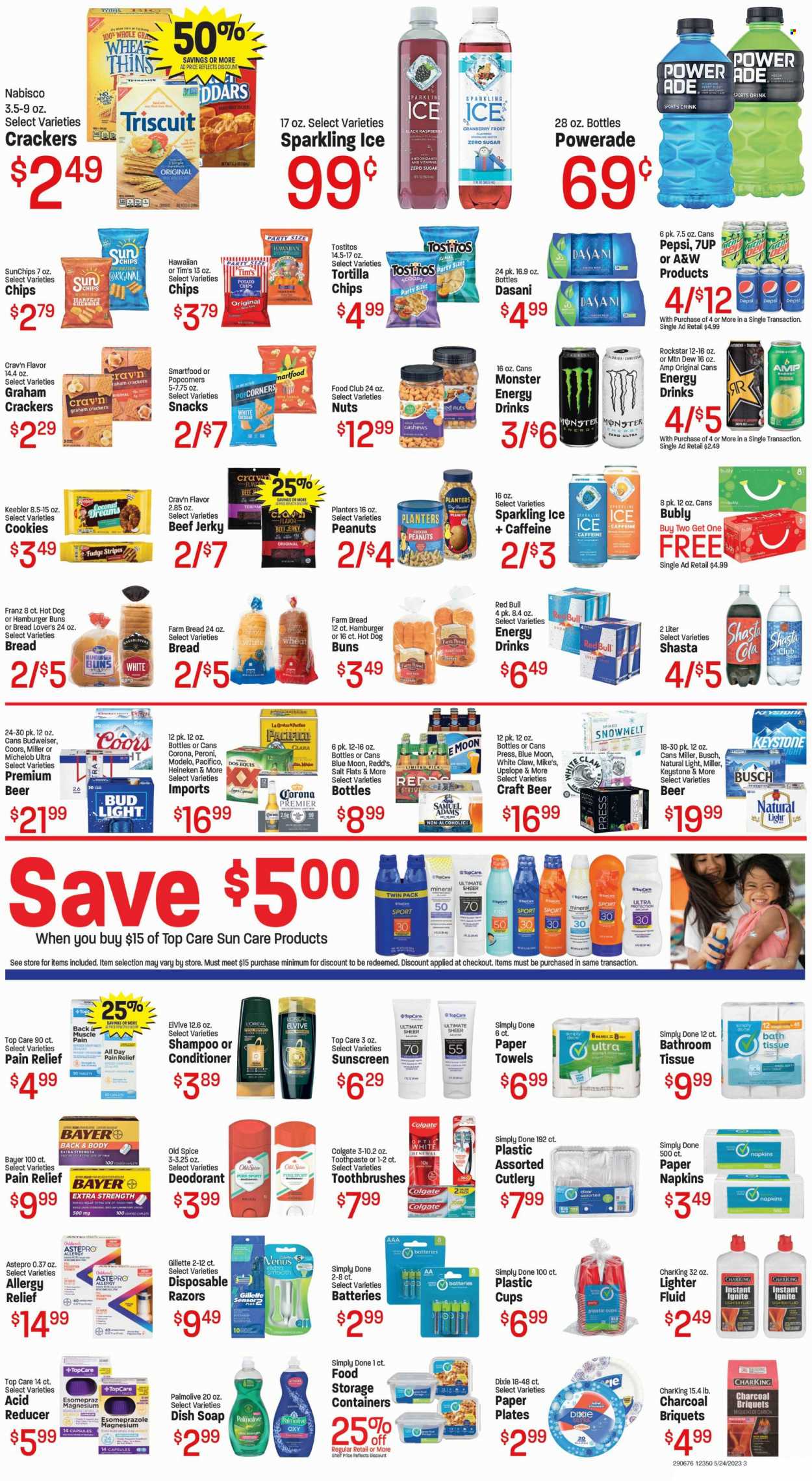 thumbnail - Fresh Market Flyer - 05/24/2023 - 05/30/2023 - Sales products - buns, burger buns, oranges, beef jerky, jerky, snack, cheese, cookies, fudge, graham crackers, crackers, Keebler, Nabisco, tortilla chips, potato chips, chips, Smartfood, Thins, popcorn, Tostitos, honey, cashews, roasted peanuts, peanuts, Planters, Mountain Dew, Powerade, Pepsi, energy drink, Monster, soft drink, 7UP, Red Bull, Monster Energy, A&W, Rockstar, flavored water, sparkling water, water, alcohol, White Claw, beer, Busch, Bud Light, Corona Extra, Heineken, Peroni, Miller, Lager, Keystone, Modelo, napkins, bath tissue, kitchen towels, paper towels, dishwashing liquid, shampoo, Old Spice, Palmolive, Colgate, toothpaste, L’Oréal, sun care, conditioner, body lotion, anti-perspirant, deodorant, Gillette, razor, Venus, disposable razor, plate, cup, straw, storage box, storage container, paper plate, Dixie, battery, briquettes, magnesium, pain relief, aspirin, Bayer, allergy relief, Budweiser, melons, Coors, Dos Equis, Blue Moon, Michelob. Page 3.