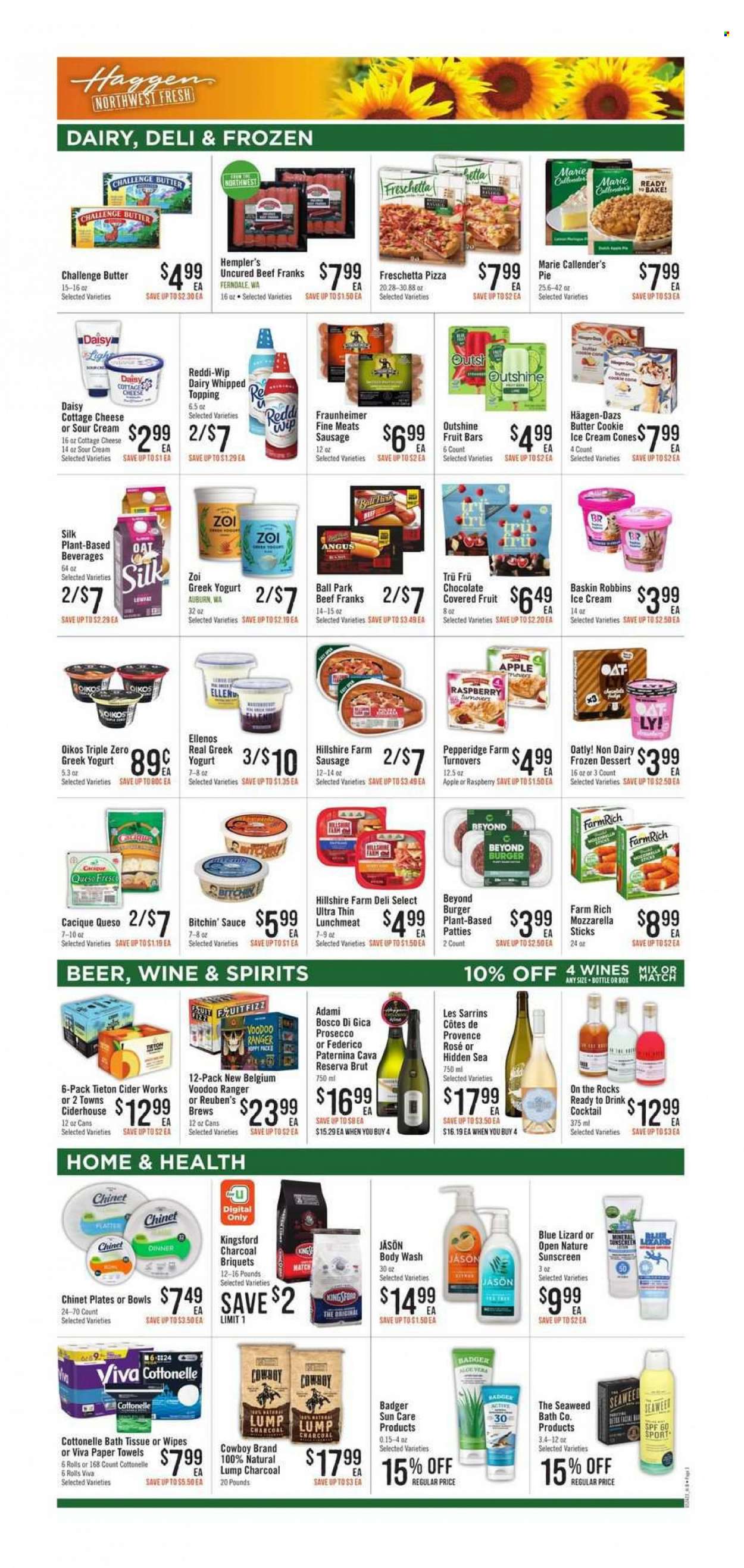 thumbnail - Haggen Flyer - 05/24/2023 - 05/30/2023 - Sales products - pie, turnovers, dessert, pizza, hamburger, sauce, Marie Callender's, Kingsford, Hillshire Farm, sausage, frankfurters, lunch meat, cottage cheese, queso fresco, cheese, greek yoghurt, Oikos, Silk, sour cream, ice cream, Häagen-Dazs, fruit bar, waffle cones, oats, topping, sparkling wine, prosecco, alcohol, cider, beer, wipes, bath tissue, Cottonelle, kitchen towels, paper towels, body wash, sun care, Brut, charcoal. Page 3.