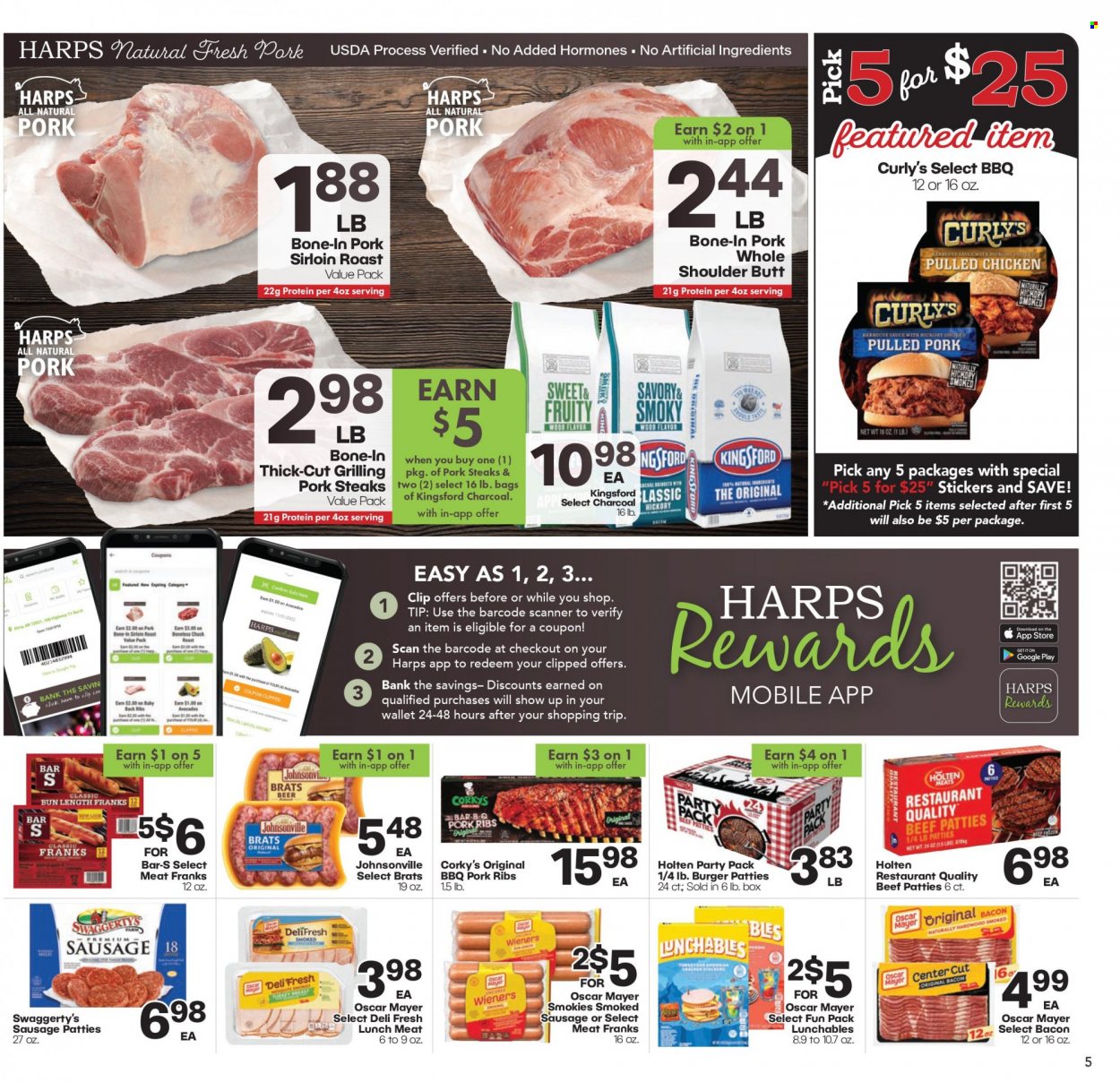 thumbnail - Harps Hometown Fresh Flyer - 05/24/2023 - 05/30/2023 - Sales products - avocado, hamburger, Lunchables, pulled pork, pulled chicken, Kingsford, roast, bacon, Johnsonville, Oscar Mayer, sausage, smoked sausage, frankfurters, lunch meat, BBQ sauce, alcohol, beer, turkey, beef meat, steak, chuck roast, ribs, burger patties, sausage patties, pork chops, pork loin, pork meat, pork ribs, pork back ribs. Page 8.